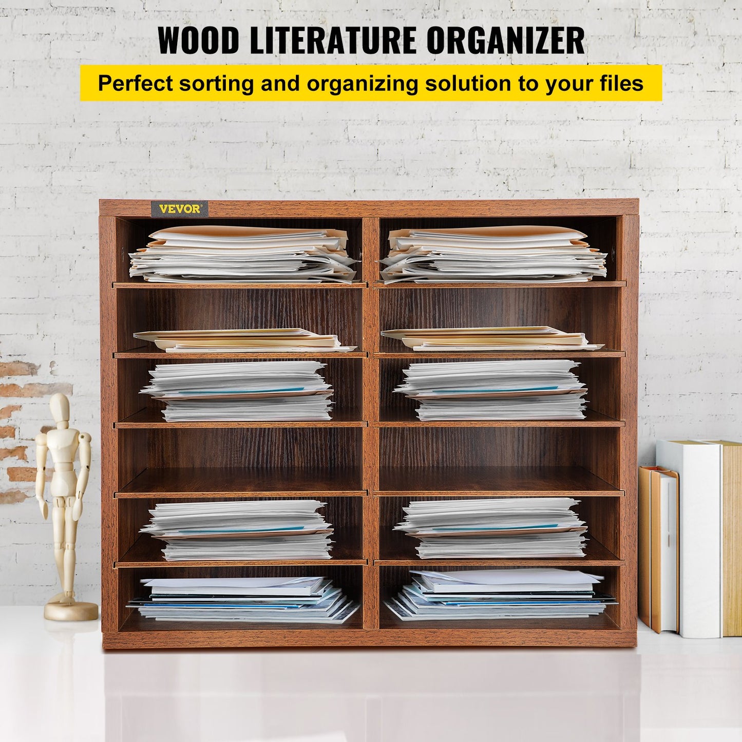 Wood Literature Organizer, 12 Compartments, Adjustable Shelves, Medium Density Fiberboard Mail Center, Office Home School Storage for Files, Documents, Papers, Magazines, Brown