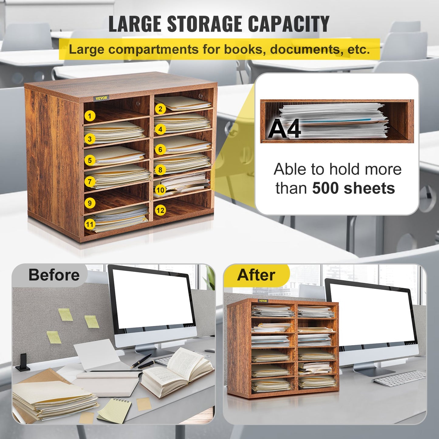 Wood Literature Organizer, 12 Compartments, Adjustable Shelves, Medium Density Fiberboard Mail Center, Office Home School Storage for Files, Documents, Papers, Magazines, Brown