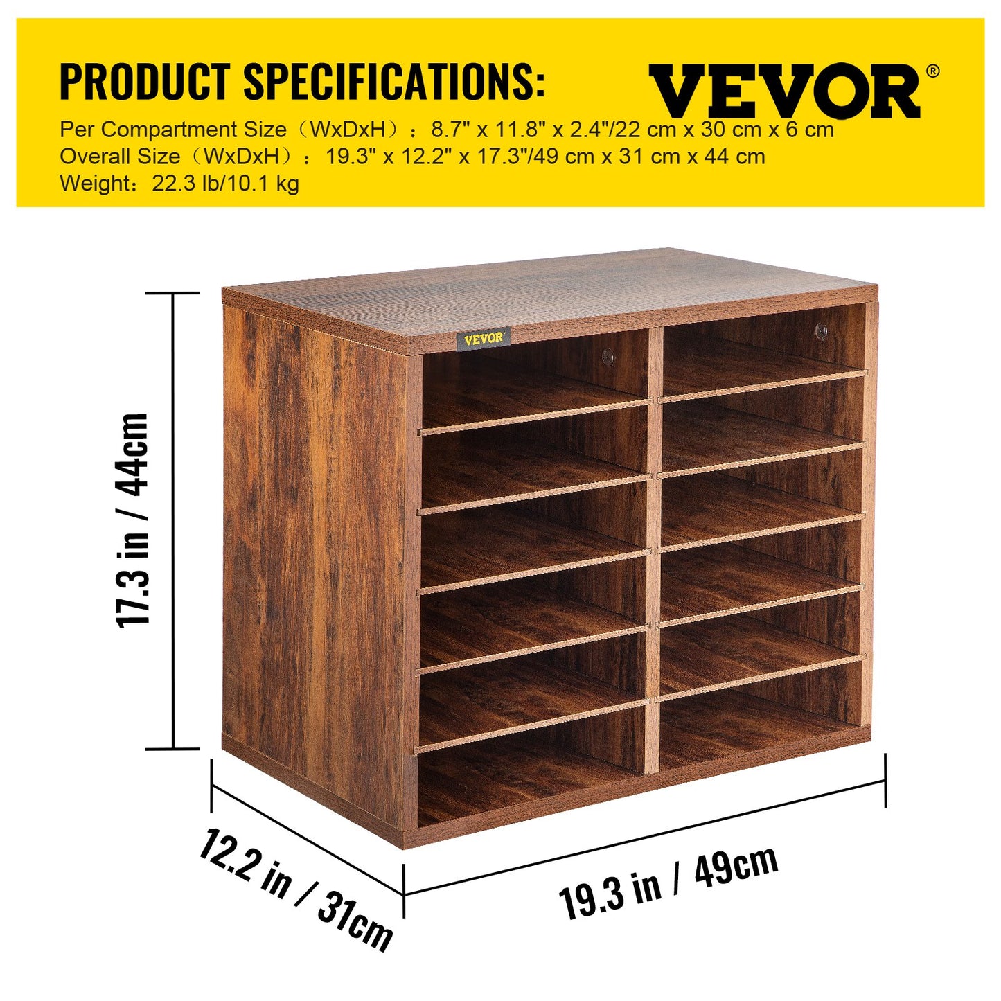 Wood Literature Organizer, 12 Compartments, Adjustable Shelves, Medium Density Fiberboard Mail Center, Office Home School Storage for Files, Documents, Papers, Magazines, Brown