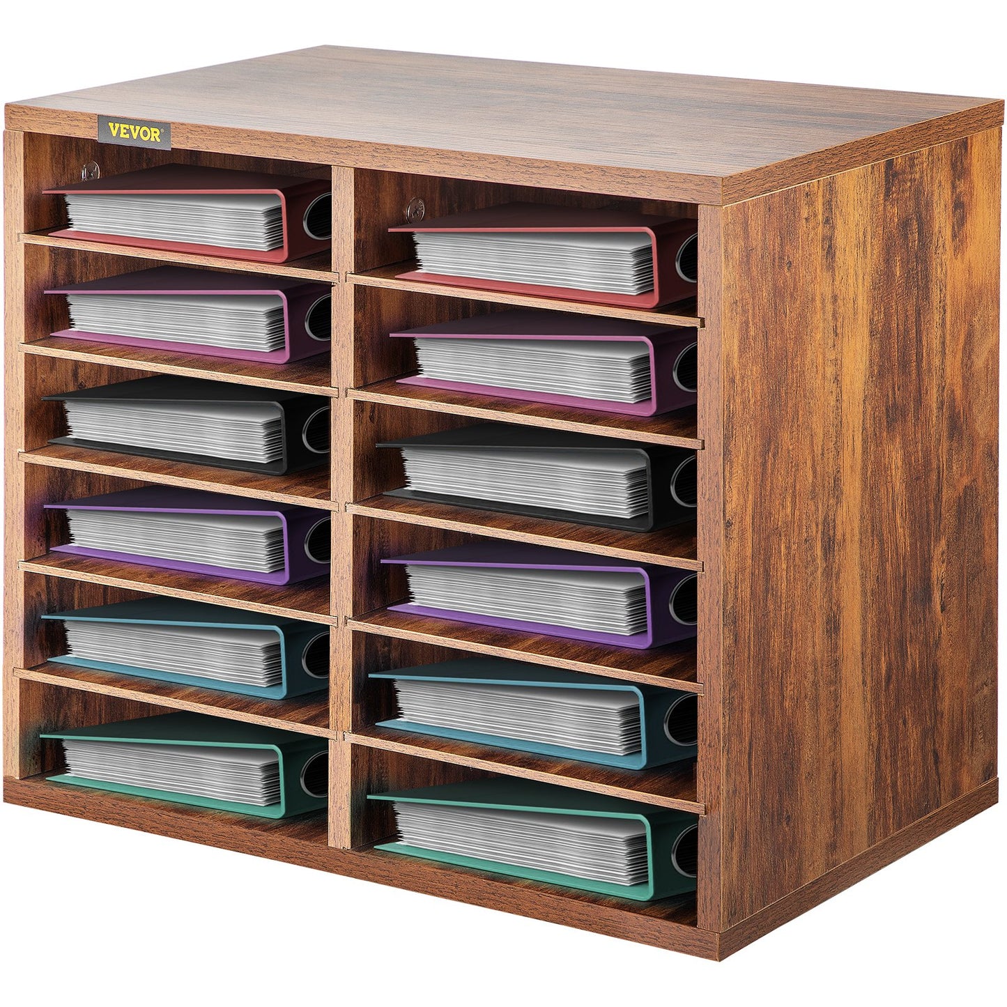Wood Literature Organizer, 12 Compartments, Adjustable Shelves, Medium Density Fiberboard Mail Center, Office Home School Storage for Files, Documents, Papers, Magazines, Brown