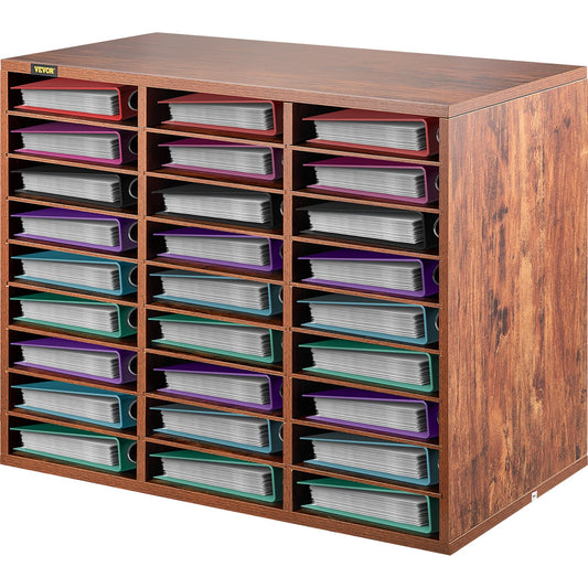 Wood Literature Organizer, 27 Compartments, Adjustable Shelves, Medium Density Fiberboard Mail Center, Office Home School Storage for Files, Documents, Papers, Magazines, Brown