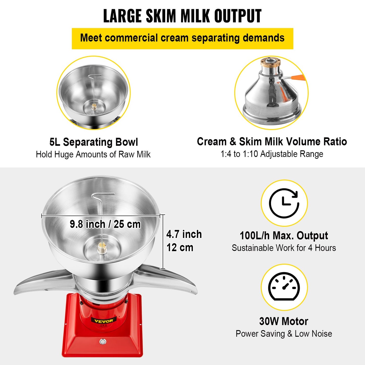 Milk Cream Centrifugal Separator, 100L/h Output, 304 Stainless Steel Cream Separator with 5L Milk Bowl Capacity, 10500RPM Rotating Speed, Milk Skimmer for Fresh Milk Goat Milk Cream, Red