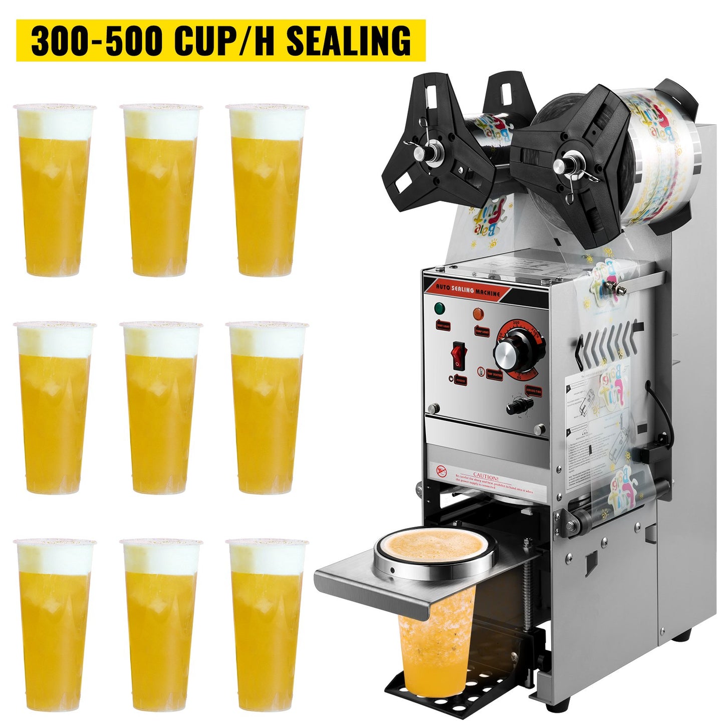 Semi-automatic Cup Sealing Machine, 300-500 Cup/h Tea Cup Sealer Machine, Silver Boba Cup Sealer Machine, 90/95mm Cup Diameter Boba Cup Sealing Machine with Control Panel for Bubble Milk Tea