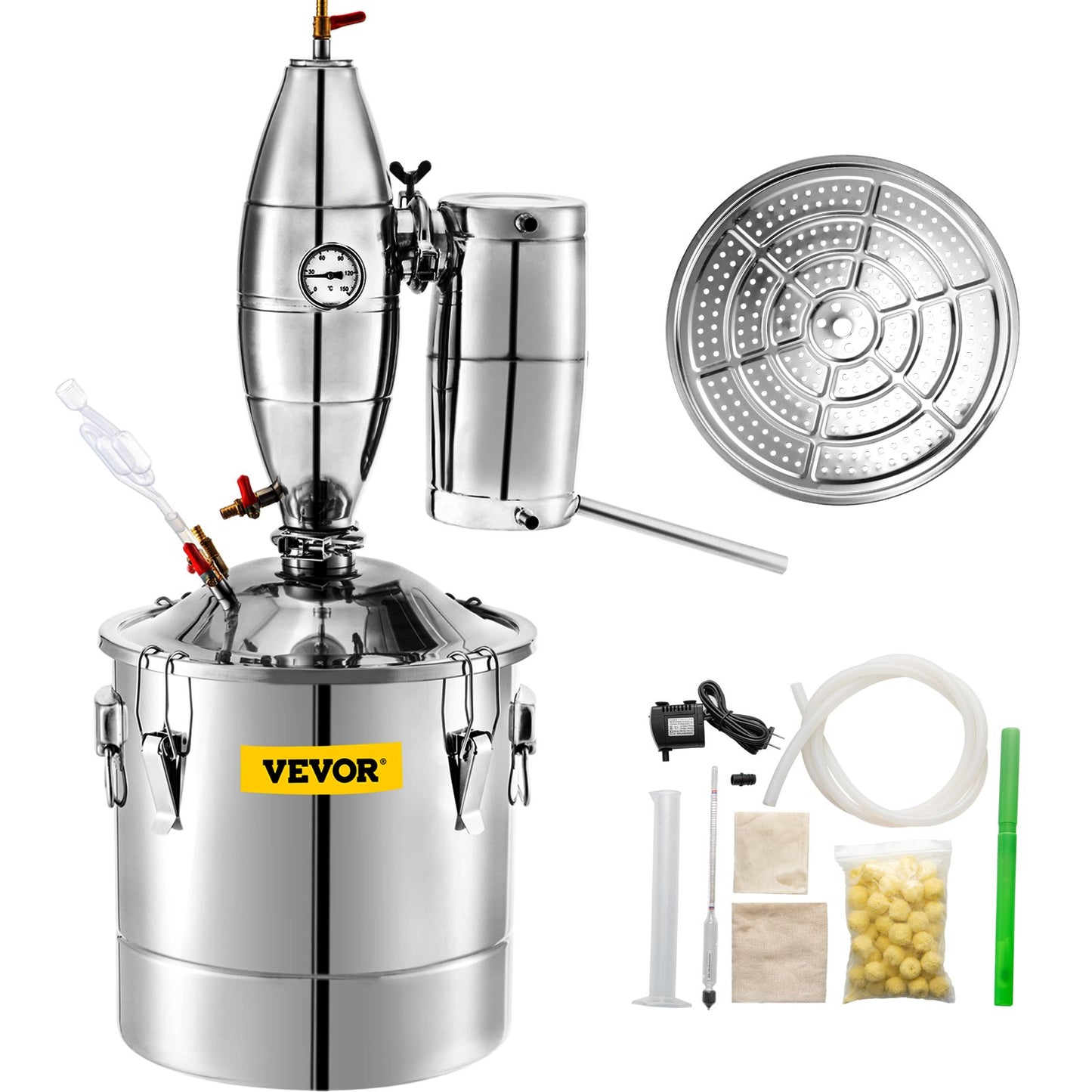 20L 5.28Gal Water Alcohol Distiller 304 Stainless Steel Moonshine Wine Making Boiler Home Kit with Thermometer for Whiskey Brandy Essential Oils
