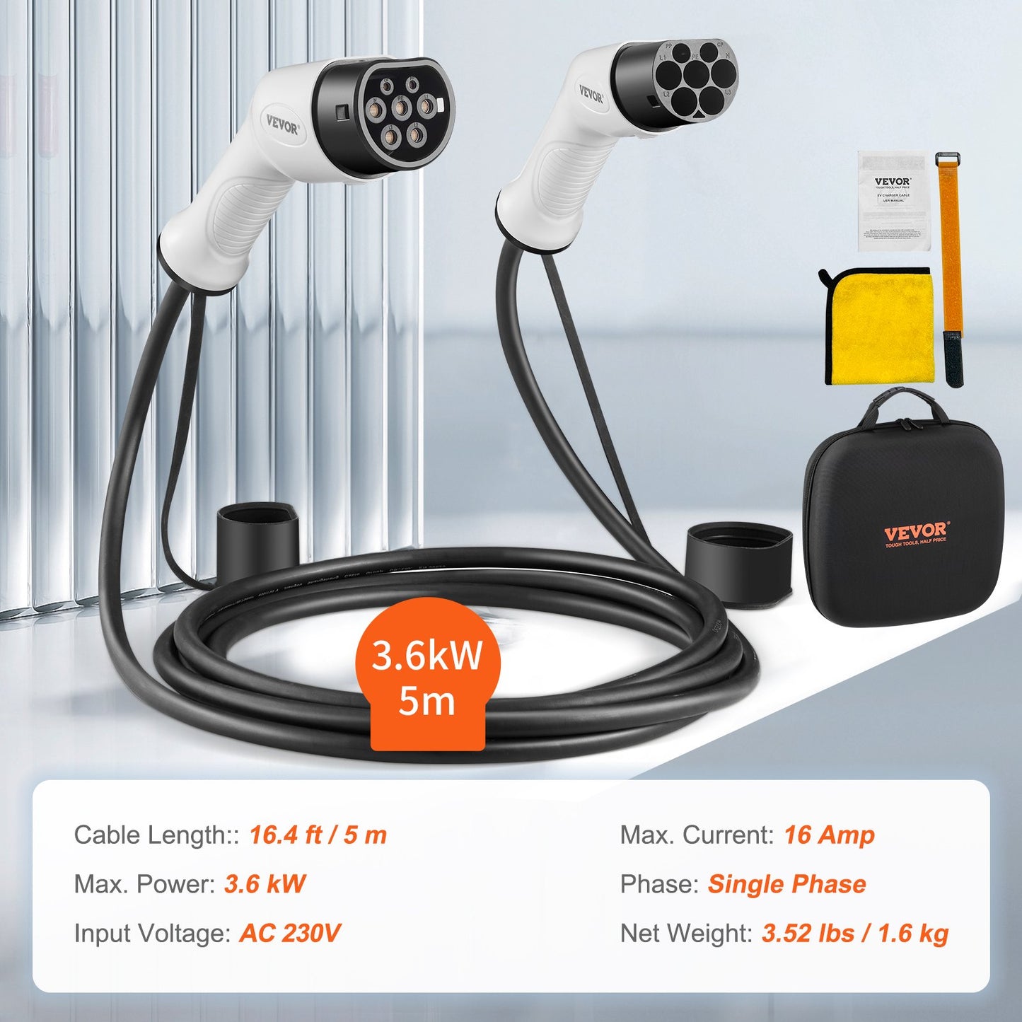 Type 2 to Type 2 EV Charging Cable Electric Vehicle Cable 16A 5m 3.6kW TPU