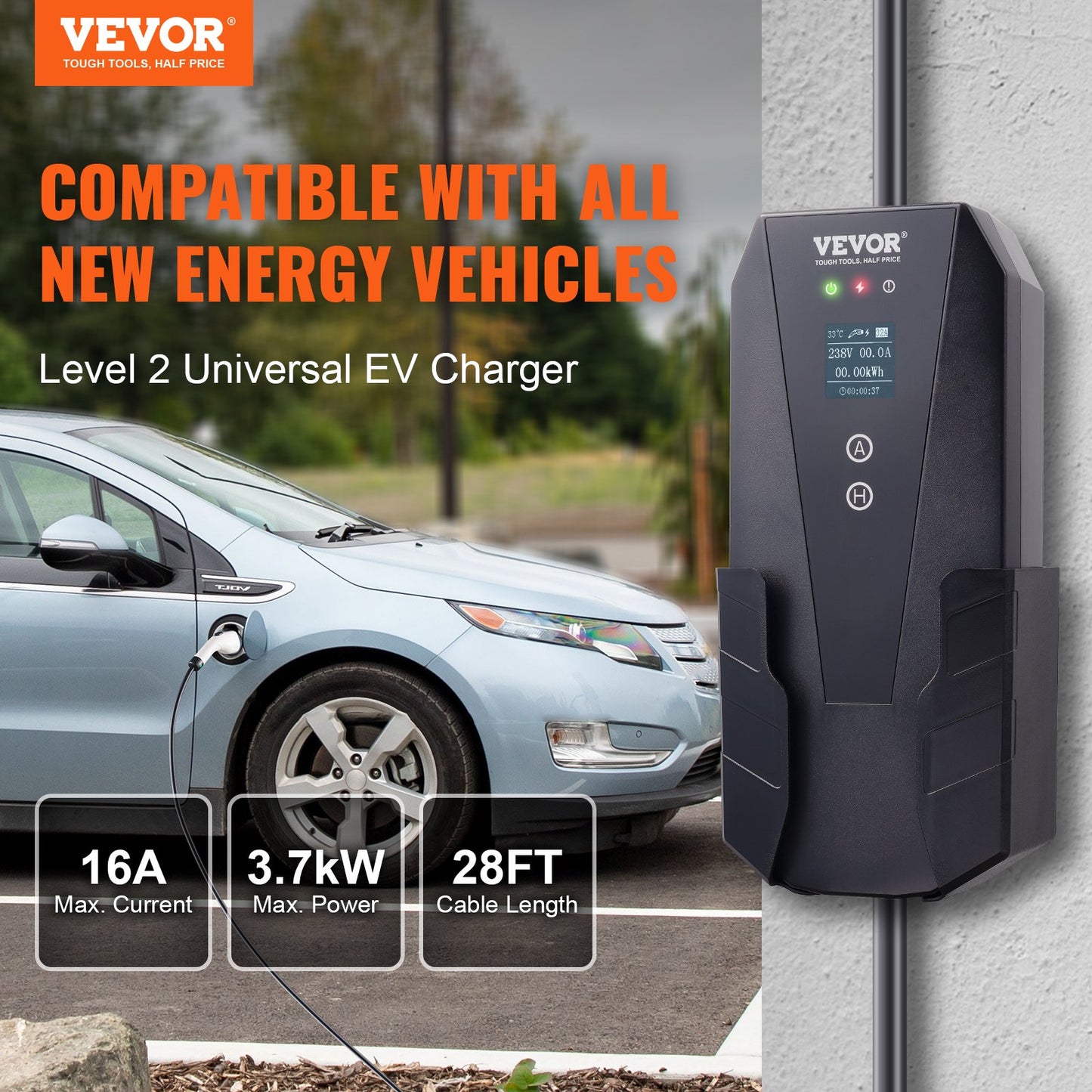Portable EV Charger Type 2, 16A 3.7kW, Electric Vehicle Car Charger with 28 ft Charging Cable CEE 7/7 Plug LCD Screen, IEC 62196 Home EV Charging Station with Carry Bag Charging Cable Hook, IP66