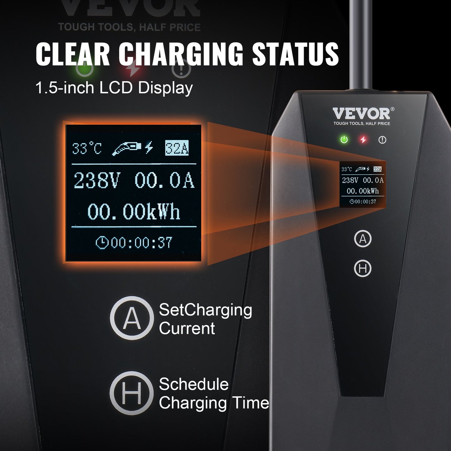 Portable EV Charger Type 2, 16A 3.7kW, Electric Vehicle Car Charger with 28 ft Charging Cable CEE 7/7 Plug LCD Screen, IEC 62196 Home EV Charging Station with Carry Bag Charging Cable Hook, IP66
