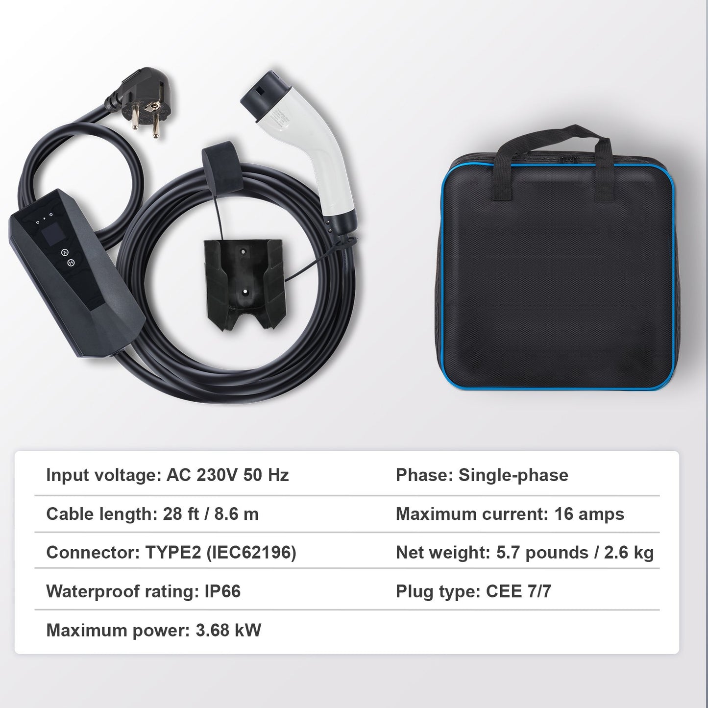 Portable EV Charger Type 2, 16A 3.7kW, Electric Vehicle Car Charger with 28 ft Charging Cable CEE 7/7 Plug LCD Screen, IEC 62196 Home EV Charging Station with Carry Bag Charging Cable Hook, IP66
