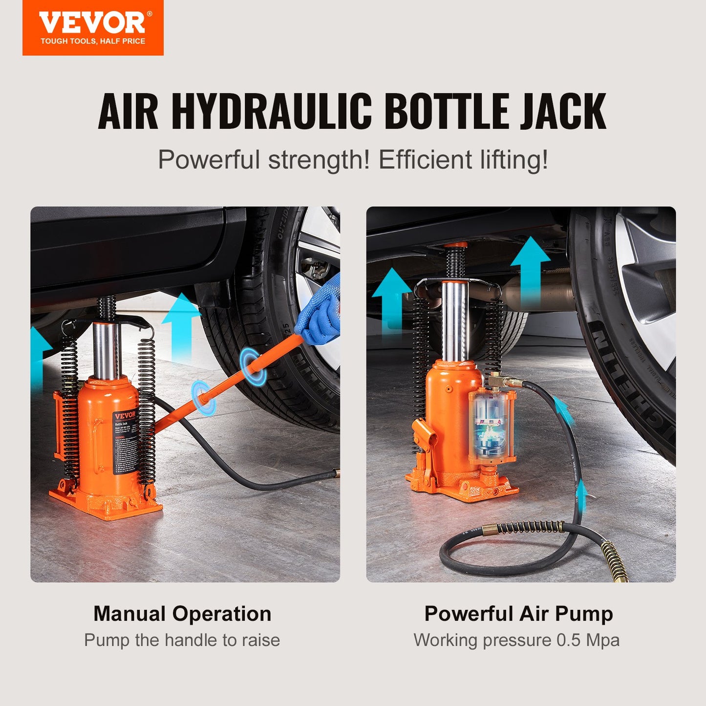 Air Hydraulic Bottle Jack, 20 Ton/40000 LBS All Welded Bottle Jack, 265 - 500 mm Lifting Range, Manual Handle and Air Pump, for Car, Pickup, Truck, RV, Auto Repair, Industrial Engineering