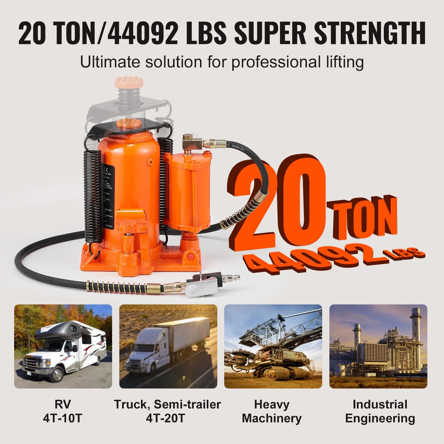 Air Hydraulic Bottle Jack, 20 Ton/40000 LBS All Welded Bottle Jack, 265 - 500 mm Lifting Range, Manual Handle and Air Pump, for Car, Pickup, Truck, RV, Auto Repair, Industrial Engineering