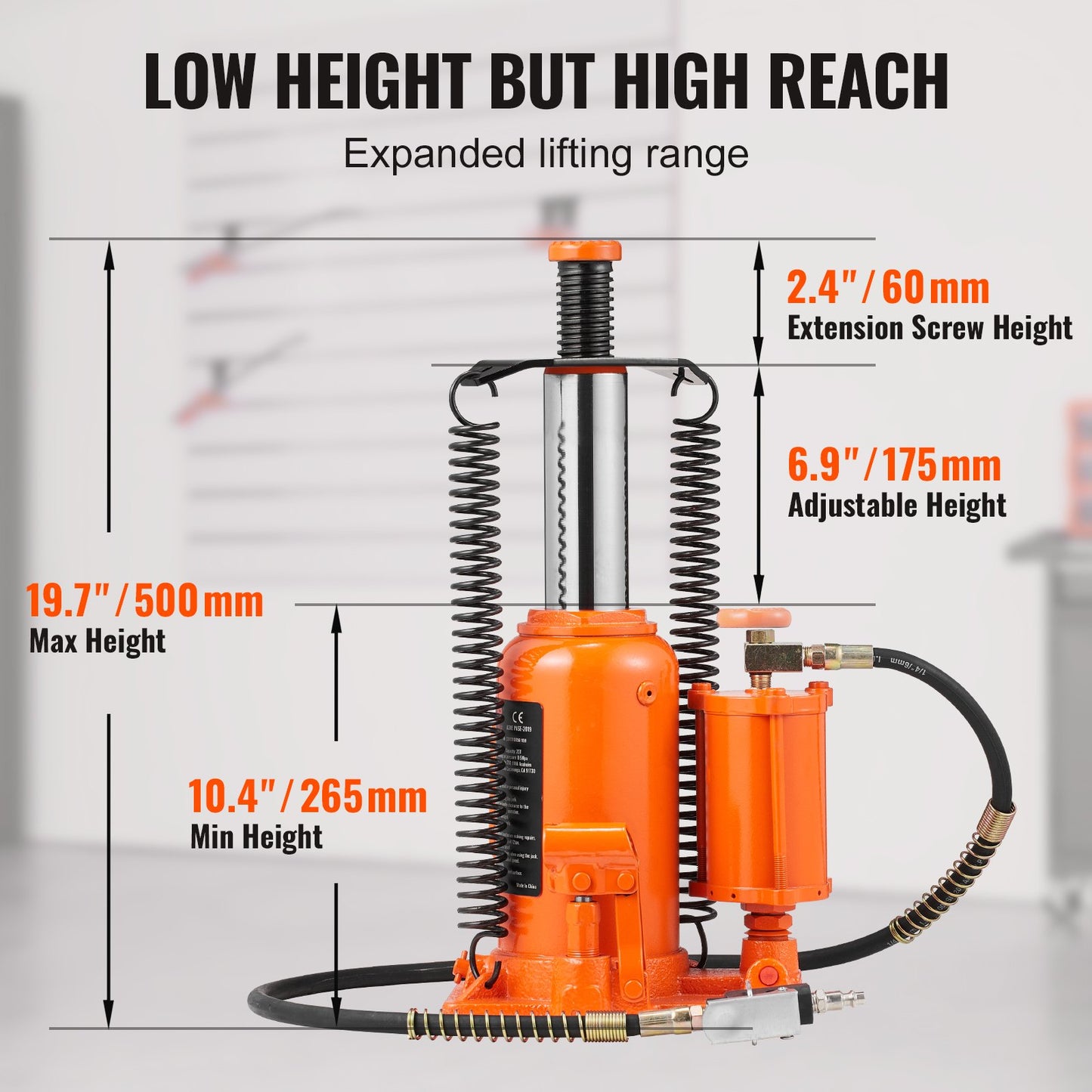 Air Hydraulic Bottle Jack, 20 Ton/40000 LBS All Welded Bottle Jack, 265 - 500 mm Lifting Range, Manual Handle and Air Pump, for Car, Pickup, Truck, RV, Auto Repair, Industrial Engineering