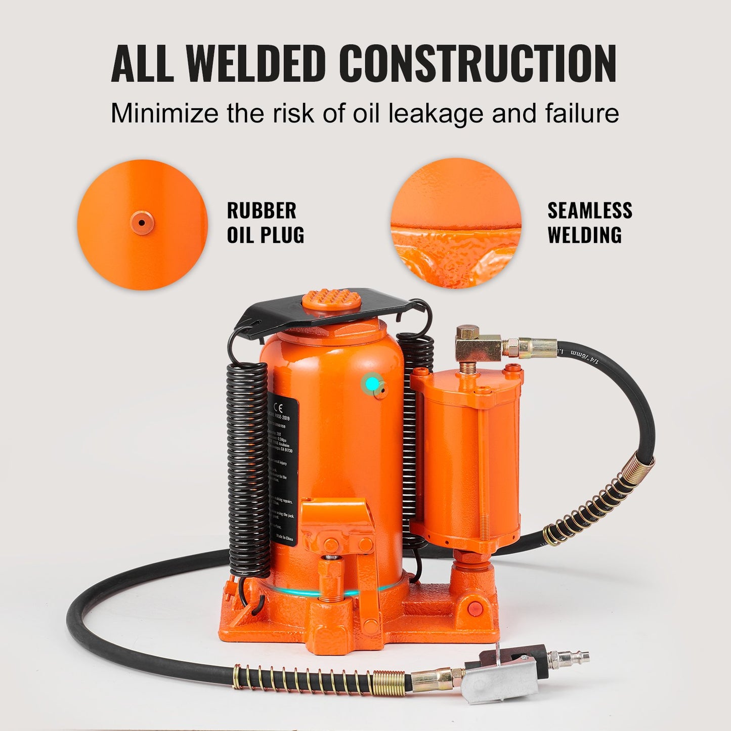 Air Hydraulic Bottle Jack, 20 Ton/40000 LBS All Welded Bottle Jack, 265 - 500 mm Lifting Range, Manual Handle and Air Pump, for Car, Pickup, Truck, RV, Auto Repair, Industrial Engineering