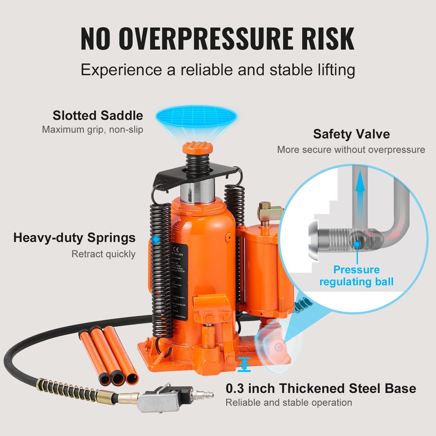 Air Hydraulic Bottle Jack, 20 Ton/40000 LBS All Welded Bottle Jack, 265 - 500 mm Lifting Range, Manual Handle and Air Pump, for Car, Pickup, Truck, RV, Auto Repair, Industrial Engineering