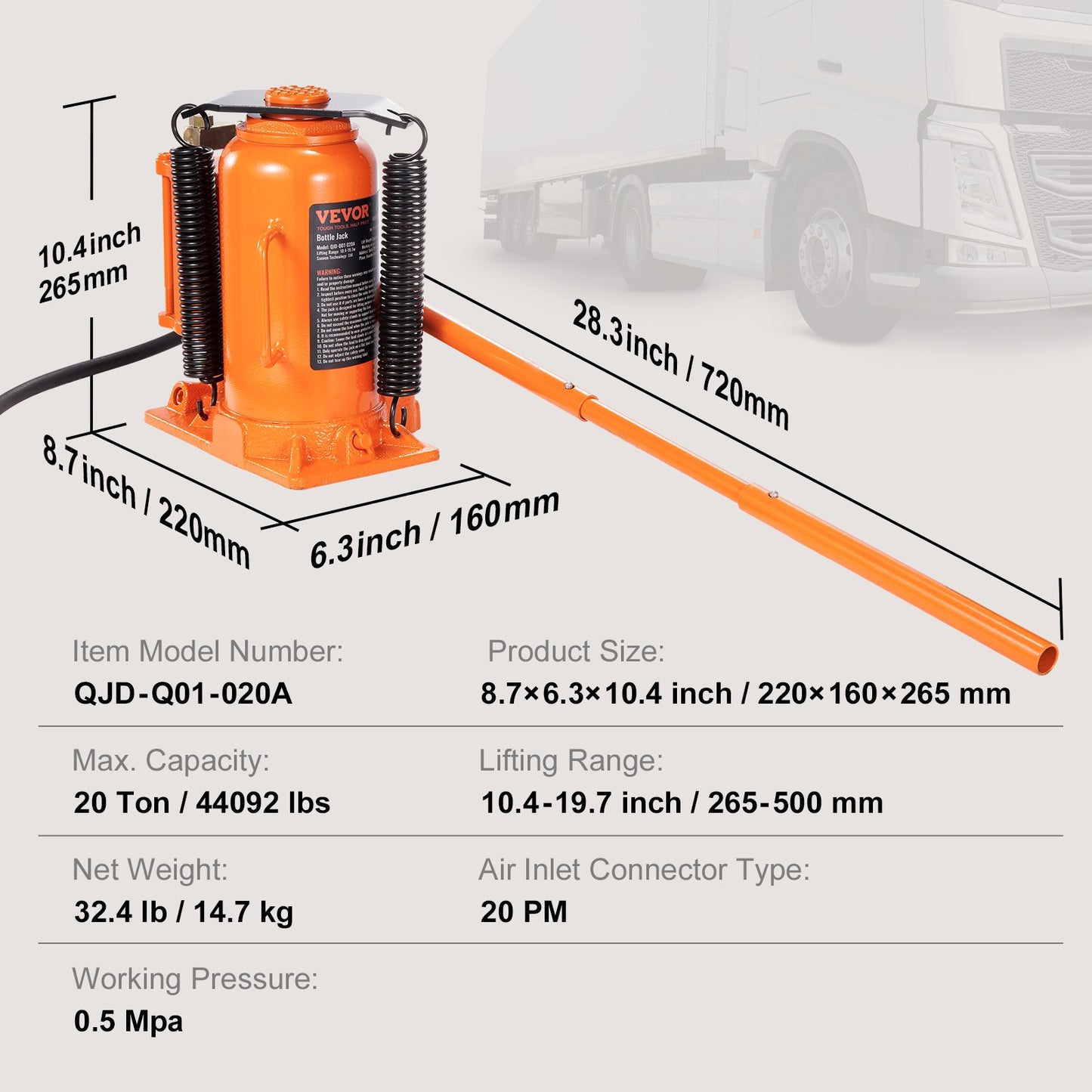 Air Hydraulic Bottle Jack, 20 Ton/40000 LBS All Welded Bottle Jack, 265 - 500 mm Lifting Range, Manual Handle and Air Pump, for Car, Pickup, Truck, RV, Auto Repair, Industrial Engineering
