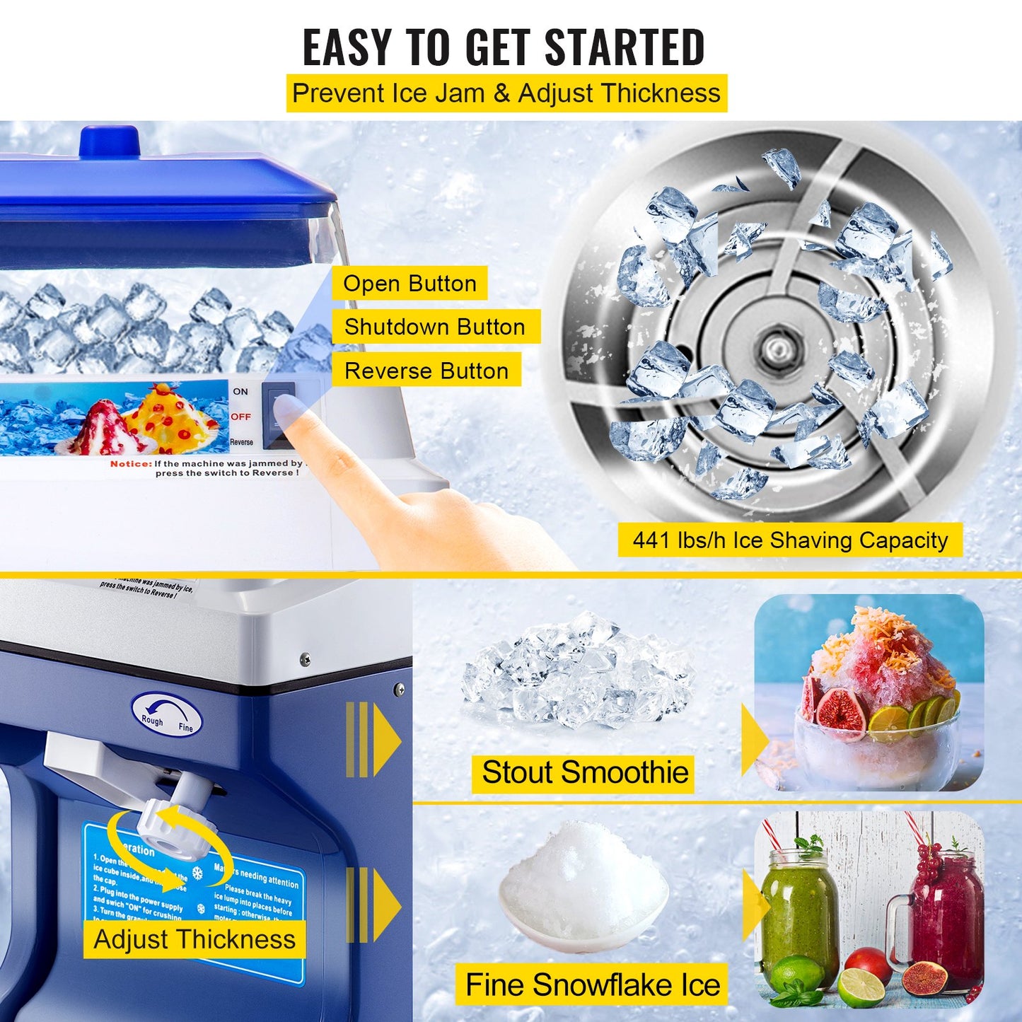 Commercial Ice Shaver 441 LBS/H Ice Shaving Capacity, Ice Shaving Machine with 11 LBS Hopper, Ice Shaver Machine Electric 300W Snow Cone Maker 320 RPM Rotate Speed, Shaved Ice Maker Machine
