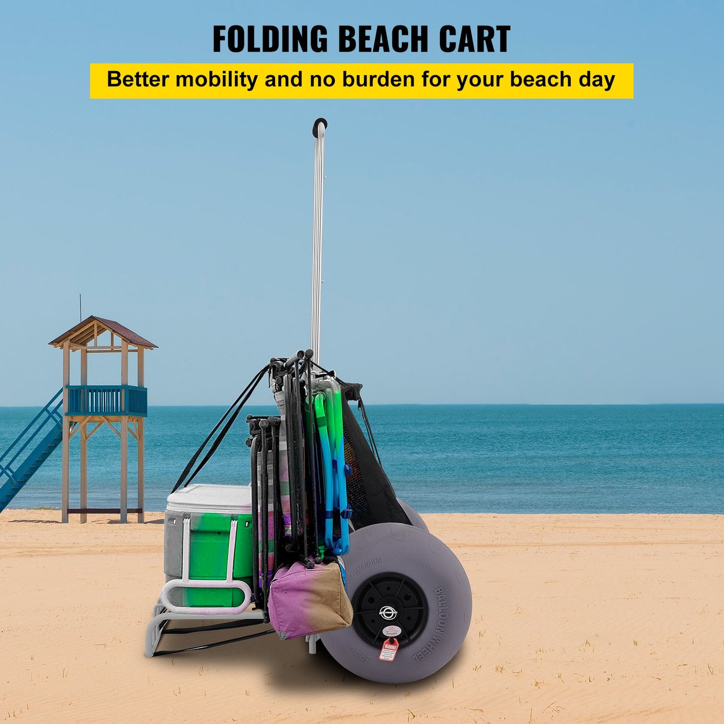 Beach Carts for Sand, 14" x 14.7" Cargo Deck, w/ 13" TPU Balloon Wheels, 165LBS Loading Capacity Folding Sand Cart & 29.5" to 49.2" Adjustable Height, Heavy Duty Cart for Picnic, Fishing, Beach
