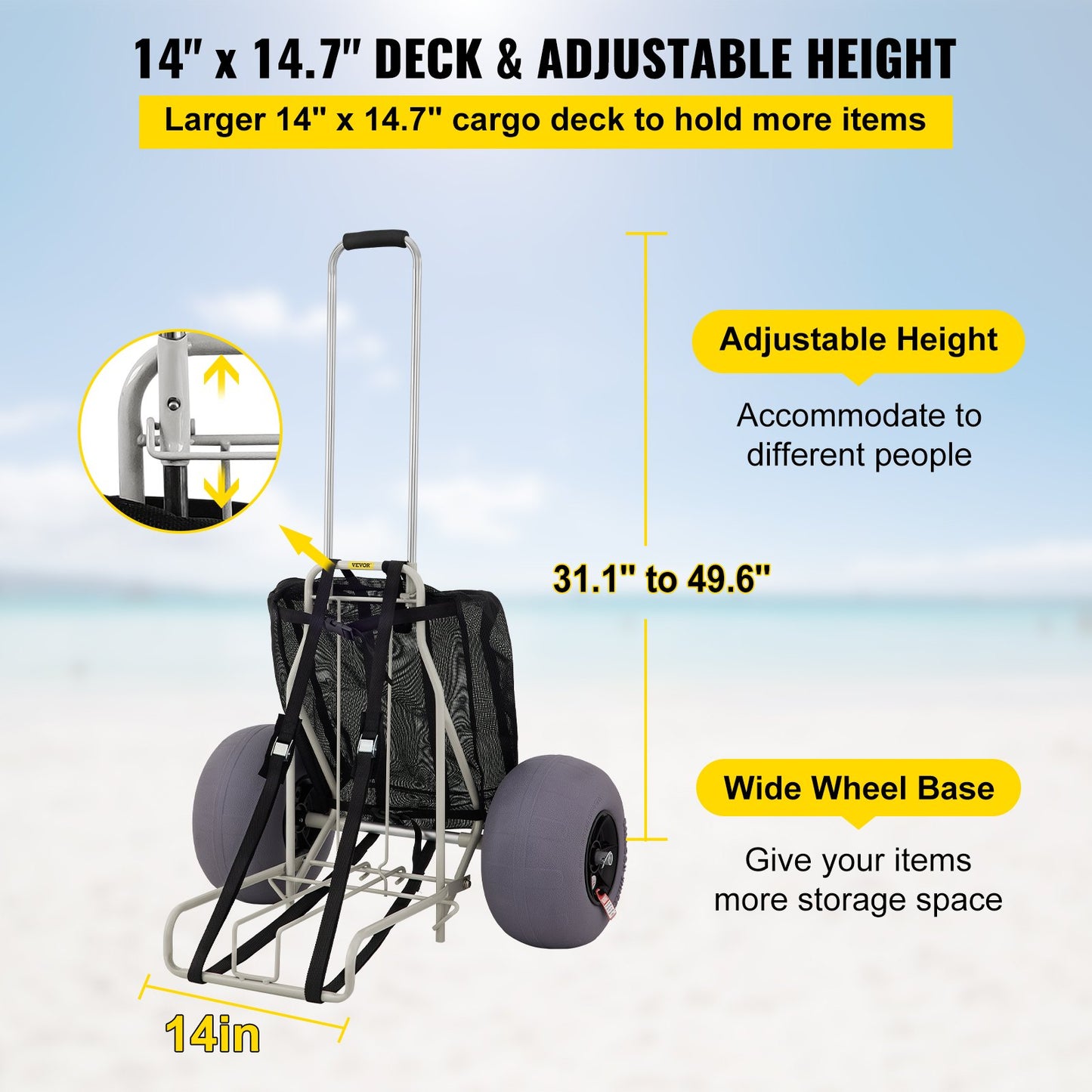 Beach Carts for Sand, 14" x 14.7" Cargo Deck, w/ 13" TPU Balloon Wheels, 165LBS Loading Capacity Folding Sand Cart & 29.5" to 49.2" Adjustable Height, Heavy Duty Cart for Picnic, Fishing, Beach