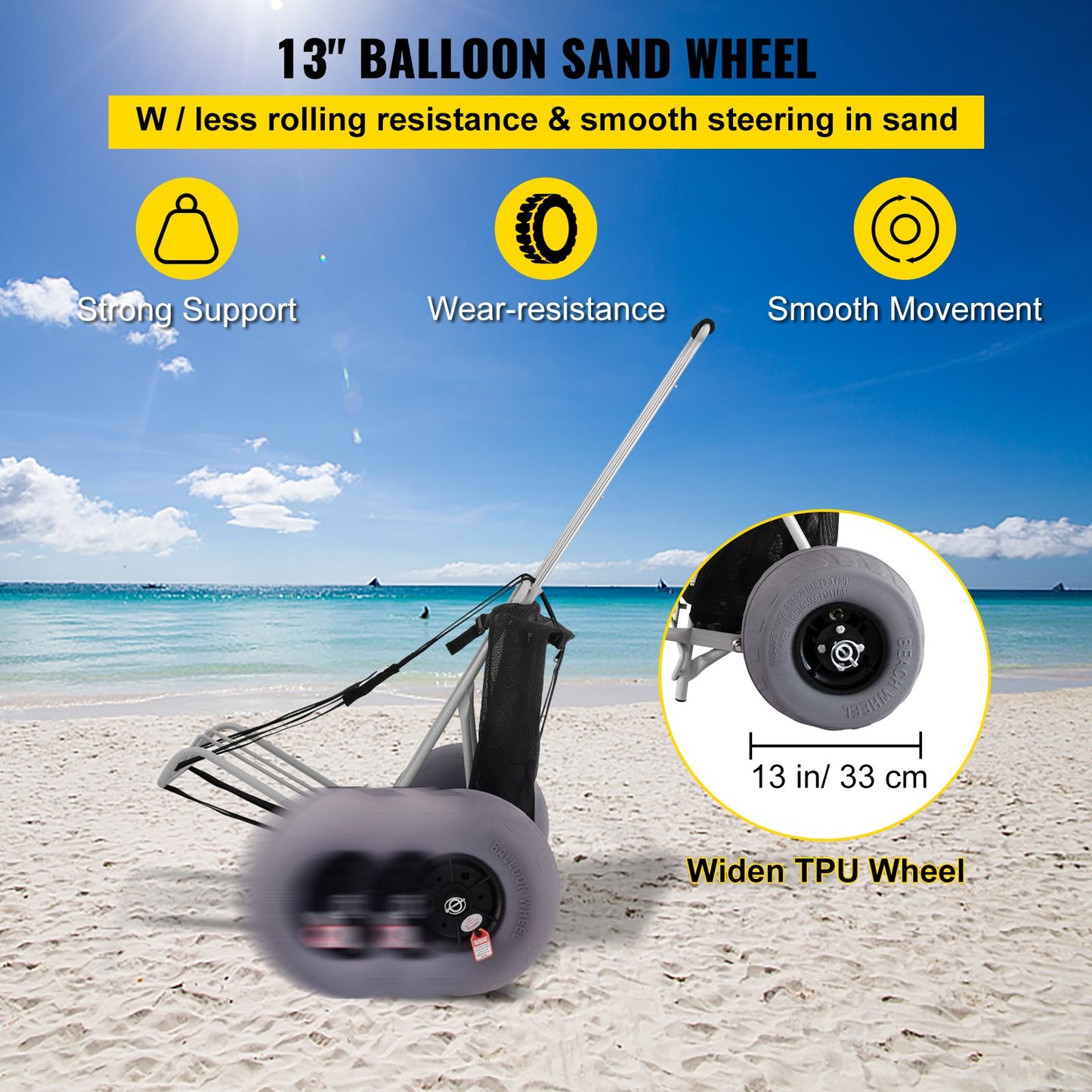 Beach Carts for Sand, 14" x 14.7" Cargo Deck, w/ 13" TPU Balloon Wheels, 165LBS Loading Capacity Folding Sand Cart & 29.5" to 49.2" Adjustable Height, Heavy Duty Cart for Picnic, Fishing, Beach