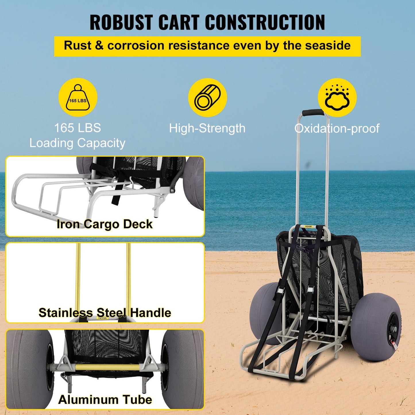 Beach Carts for Sand, 14" x 14.7" Cargo Deck, w/ 13" TPU Balloon Wheels, 165LBS Loading Capacity Folding Sand Cart & 29.5" to 49.2" Adjustable Height, Heavy Duty Cart for Picnic, Fishing, Beach