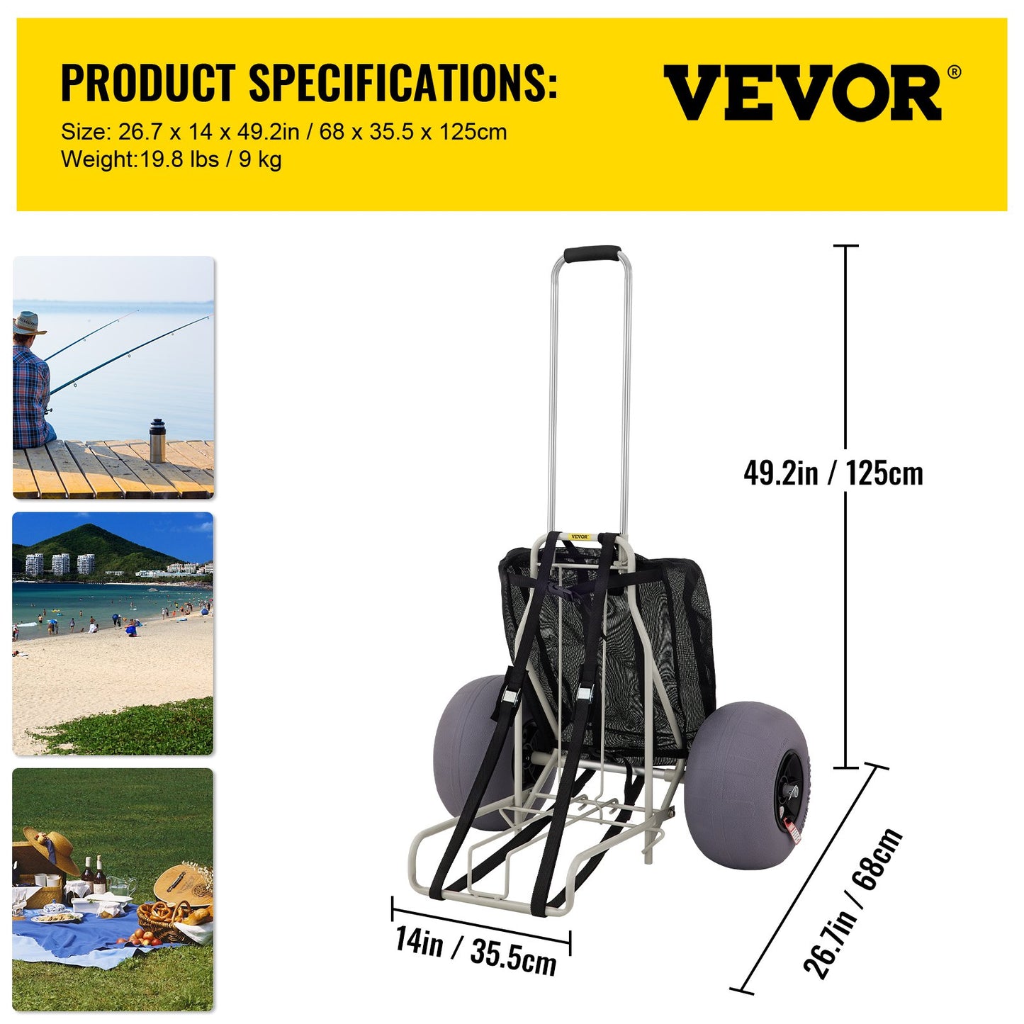 Beach Carts for Sand, 14" x 14.7" Cargo Deck, w/ 13" TPU Balloon Wheels, 165LBS Loading Capacity Folding Sand Cart & 29.5" to 49.2" Adjustable Height, Heavy Duty Cart for Picnic, Fishing, Beach