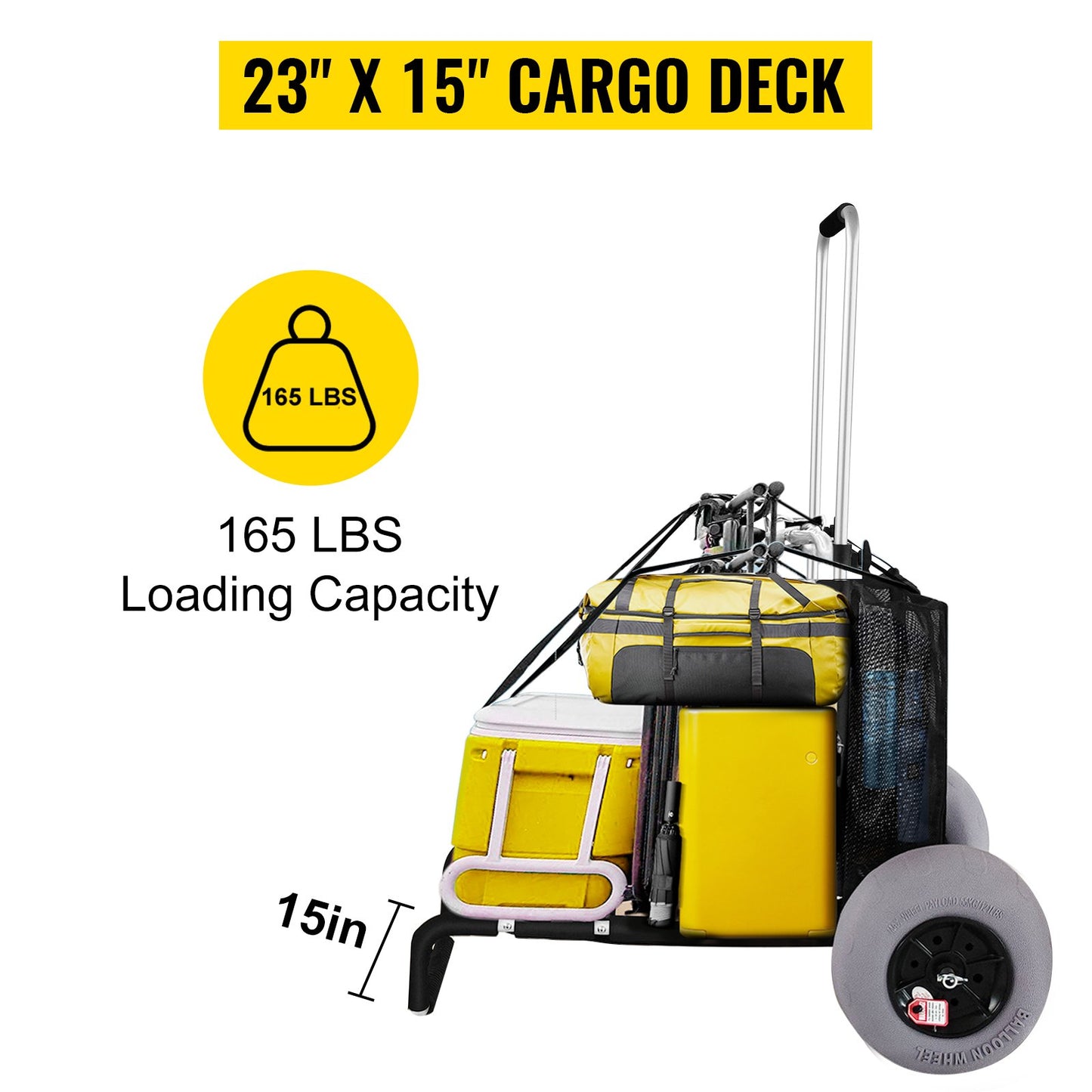 Beach Carts for Sand, 23" x 15" Cargo Deck, with 13" TPU Balloon Wheels, 165LBS Loading Folding Sand Cart & 33.1" to 51.6" Adjustable Height, Aviation Aluminum Cart for Picnic, Fishing, Beach