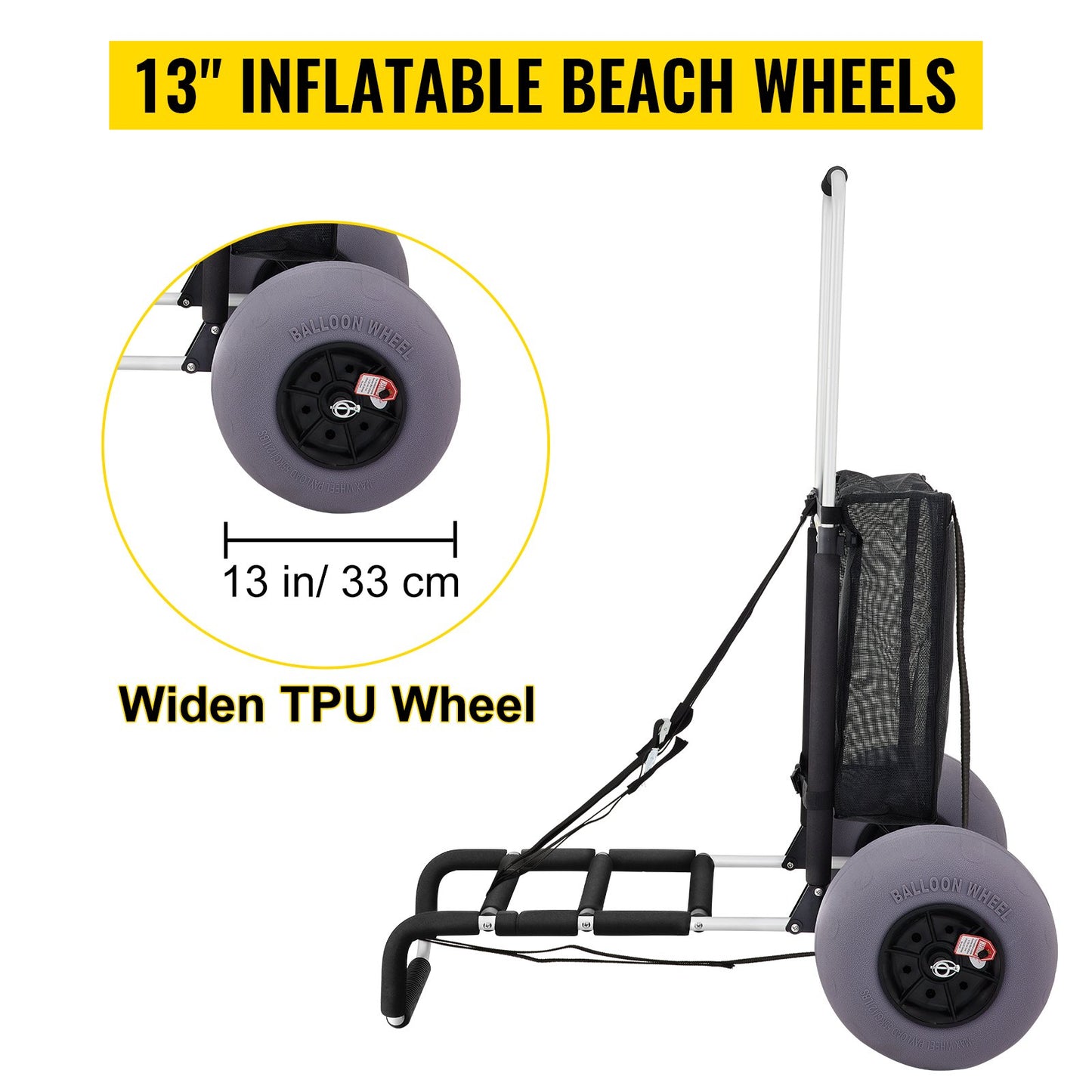 Beach Carts for Sand, 23" x 15" Cargo Deck, with 13" TPU Balloon Wheels, 165LBS Loading Folding Sand Cart & 33.1" to 51.6" Adjustable Height, Aviation Aluminum Cart for Picnic, Fishing, Beach
