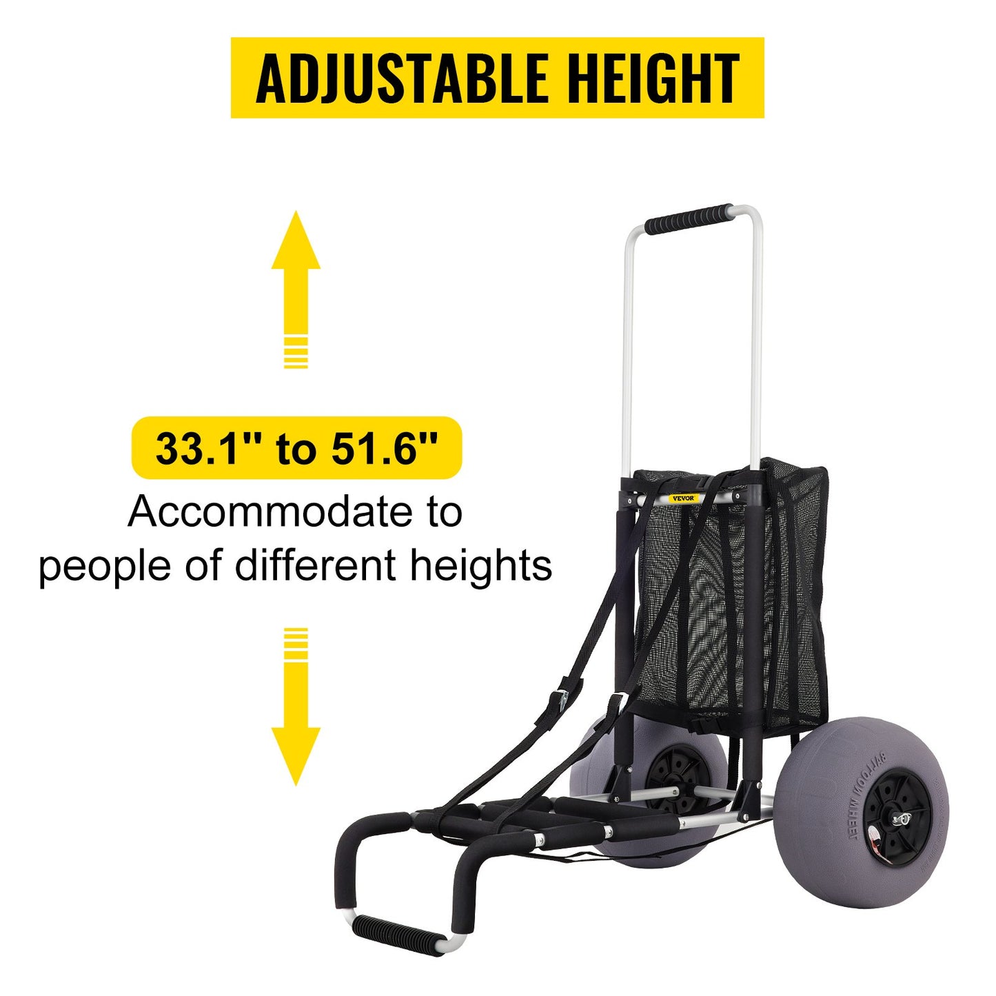 Beach Carts for Sand, 23" x 15" Cargo Deck, with 13" TPU Balloon Wheels, 165LBS Loading Folding Sand Cart & 33.1" to 51.6" Adjustable Height, Aviation Aluminum Cart for Picnic, Fishing, Beach