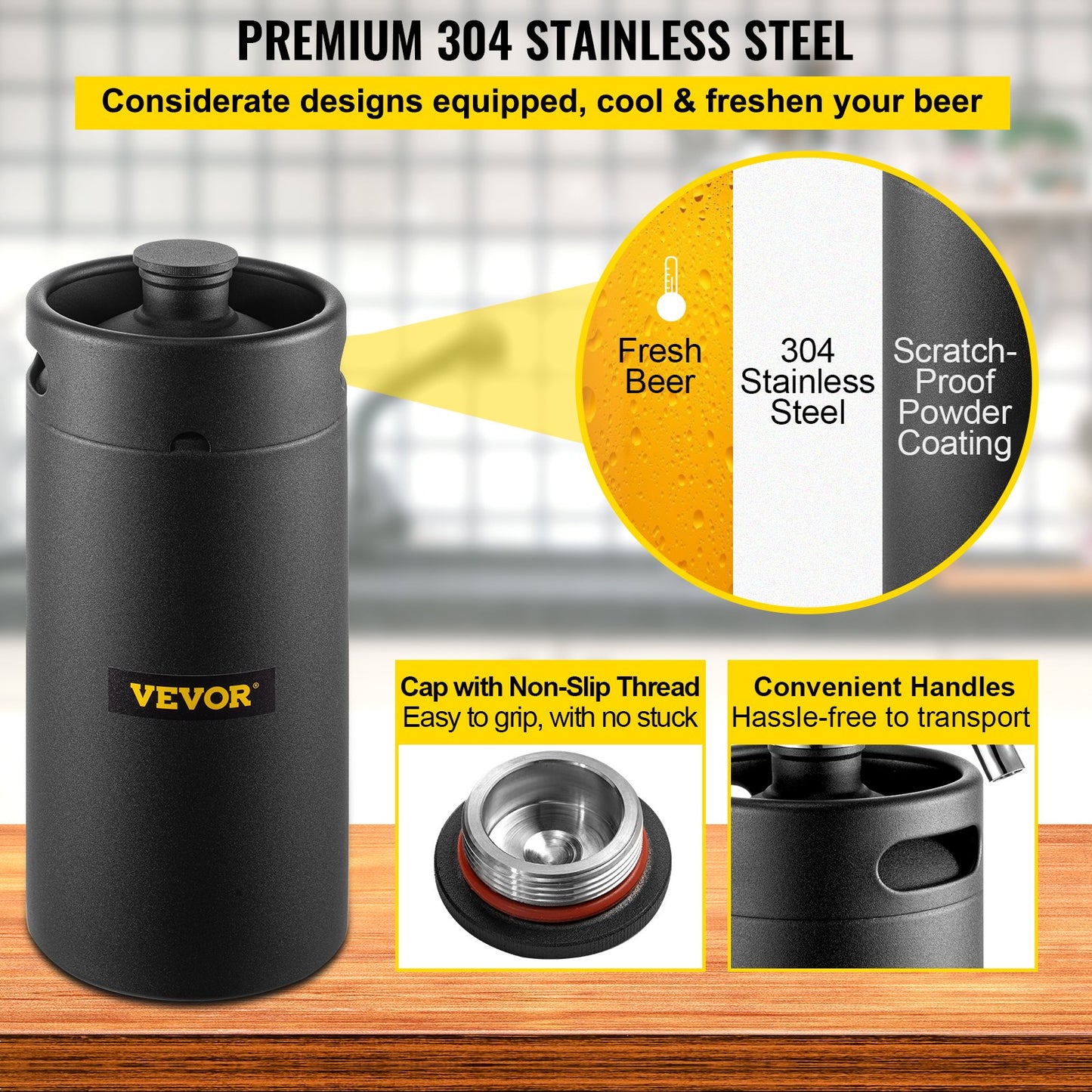 Beer Growler Tap System, 135Oz Mini Keg, 4L Pressurized Beer Growler, 304 Stainless Steel Mini Keg Growler, Comes with Dual Pressure Display CO2 Regulator Faucet 20" Beer Hose Relief Ring, Black