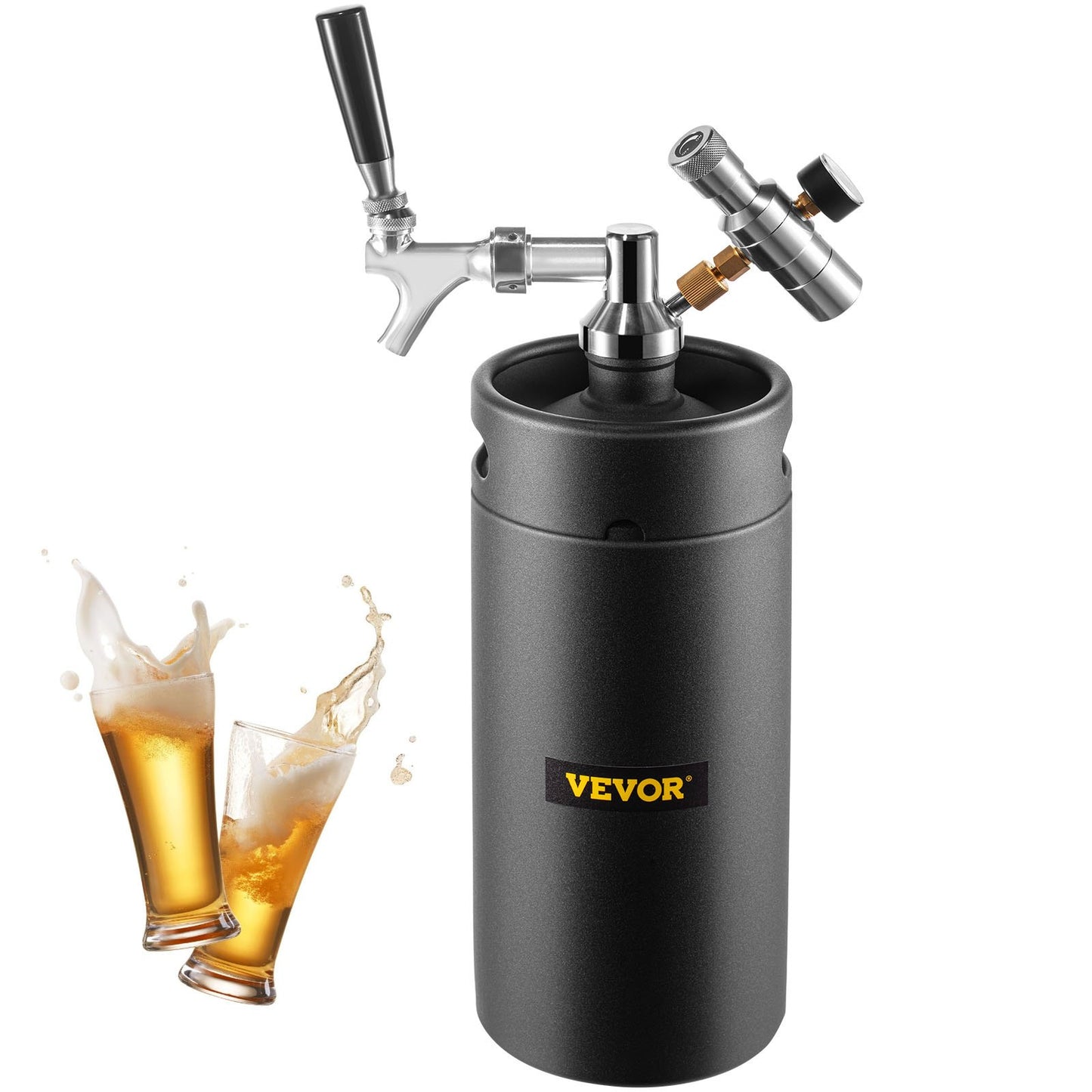Beer Growler Tap System, 135Oz Mini Keg, 4L Pressurized Beer Growler, 304 Stainless Steel Mini Keg Growler, Comes with Dual Pressure Display CO2 Regulator Faucet 20" Beer Hose Relief Ring, Black