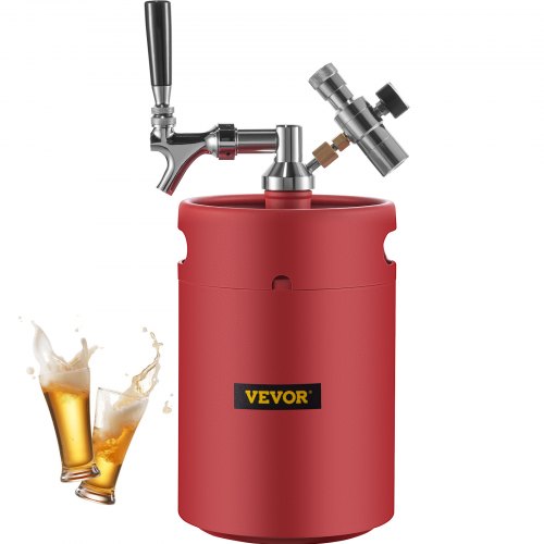 Beer Growler Tap System, 170Oz Mini Keg, 5L Pressurized Beer Growler, 304 Stainless Steel Mini Keg Growler, Comes with Dual Pressure Display CO2 Regulator Faucet 20" Beer Hose Relief Ring, Red