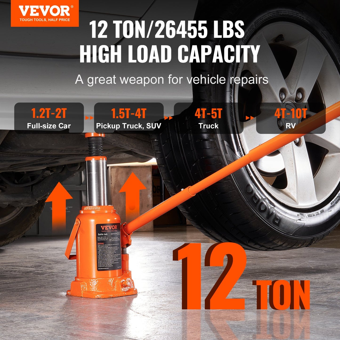Hydraulic Bottle Jack, 12 Ton/24000 LBS All Welded Bottle Jack, 190-355 mm Lifting Range, with 3-section Long Handle, for Car, Pickup Truck, Truck, RV, Auto Repair, Industrial Engineering