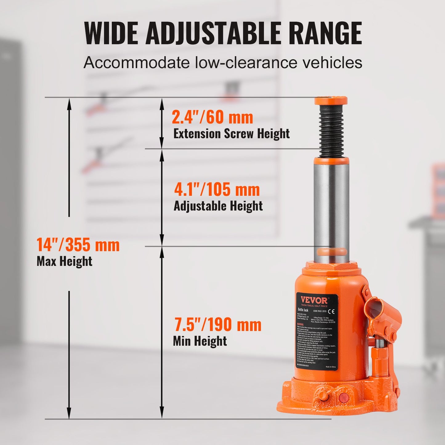 Hydraulic Bottle Jack, 12 Ton/24000 LBS All Welded Bottle Jack, 190-355 mm Lifting Range, with 3-section Long Handle, for Car, Pickup Truck, Truck, RV, Auto Repair, Industrial Engineering