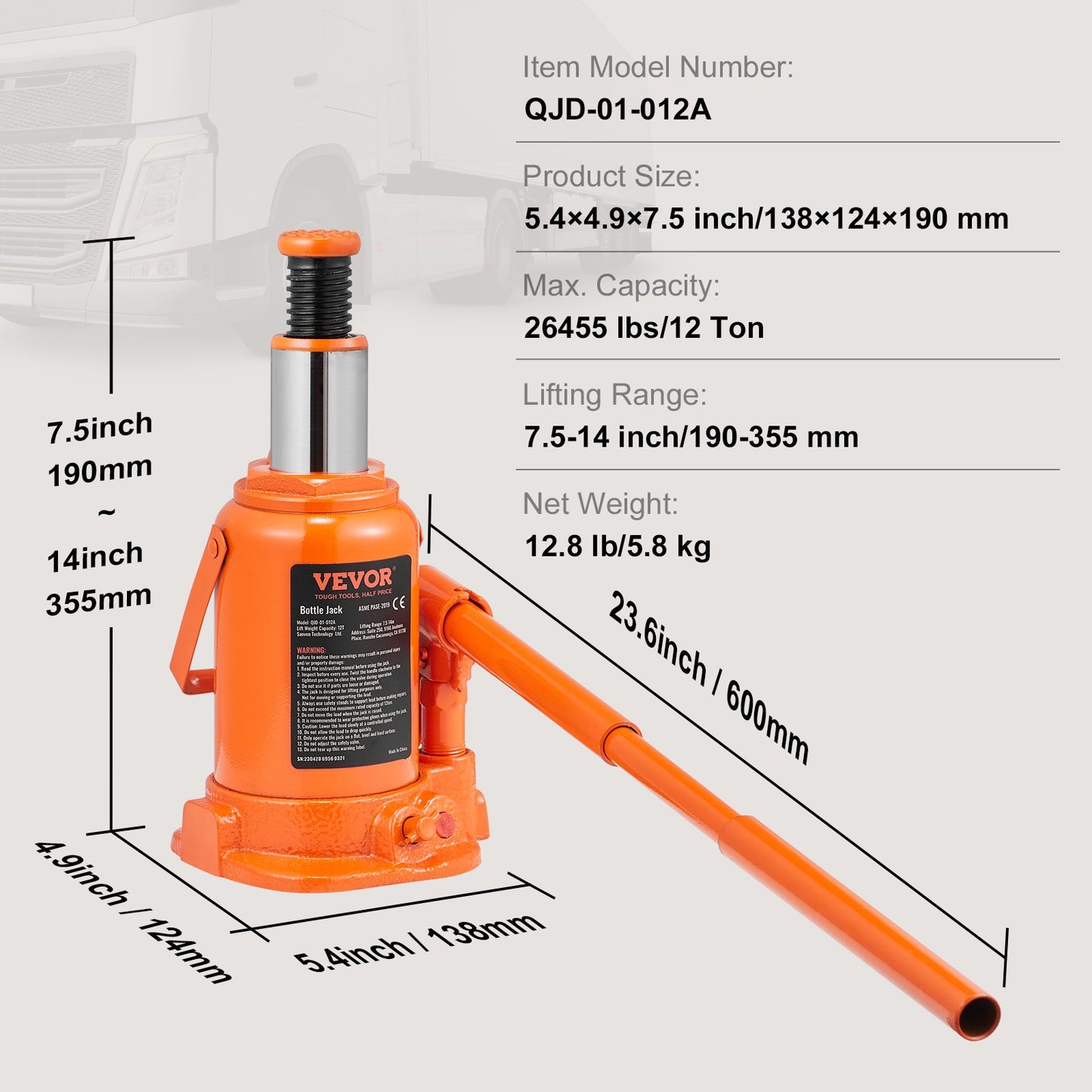 Hydraulic Bottle Jack, 12 Ton/24000 LBS All Welded Bottle Jack, 190-355 mm Lifting Range, with 3-section Long Handle, for Car, Pickup Truck, Truck, RV, Auto Repair, Industrial Engineering