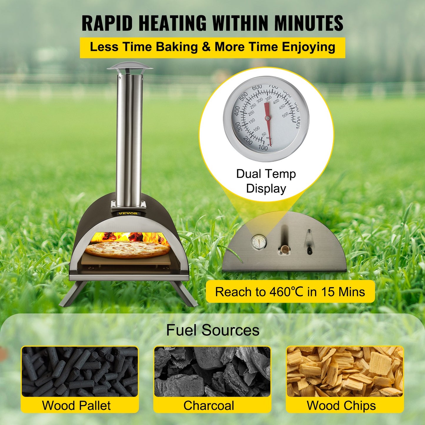 Wood Fired Oven 12" Portable Pizza Oven with Feeding Port Pizza Oven Outdoor 932℉Max Temperature Stainless Steel Portable Wood Fired Pizza Oven with Complete Accessories for Outdoor Cooking