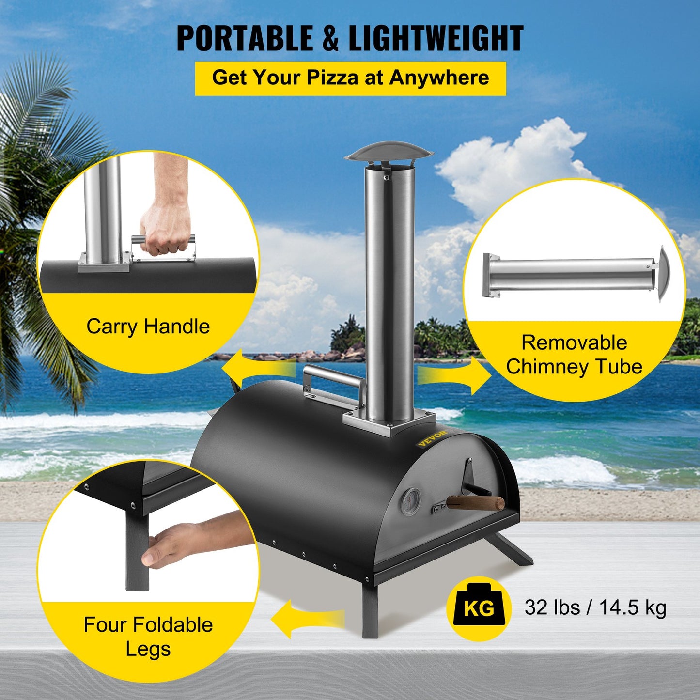 Wood Fired Oven 12" Portable Pizza Oven with Feeding Port Pizza Oven Outdoor 932℉Max Temperature Stainless Steel Portable Wood Fired Pizza Oven with Complete Accessories for Outdoor Cooking