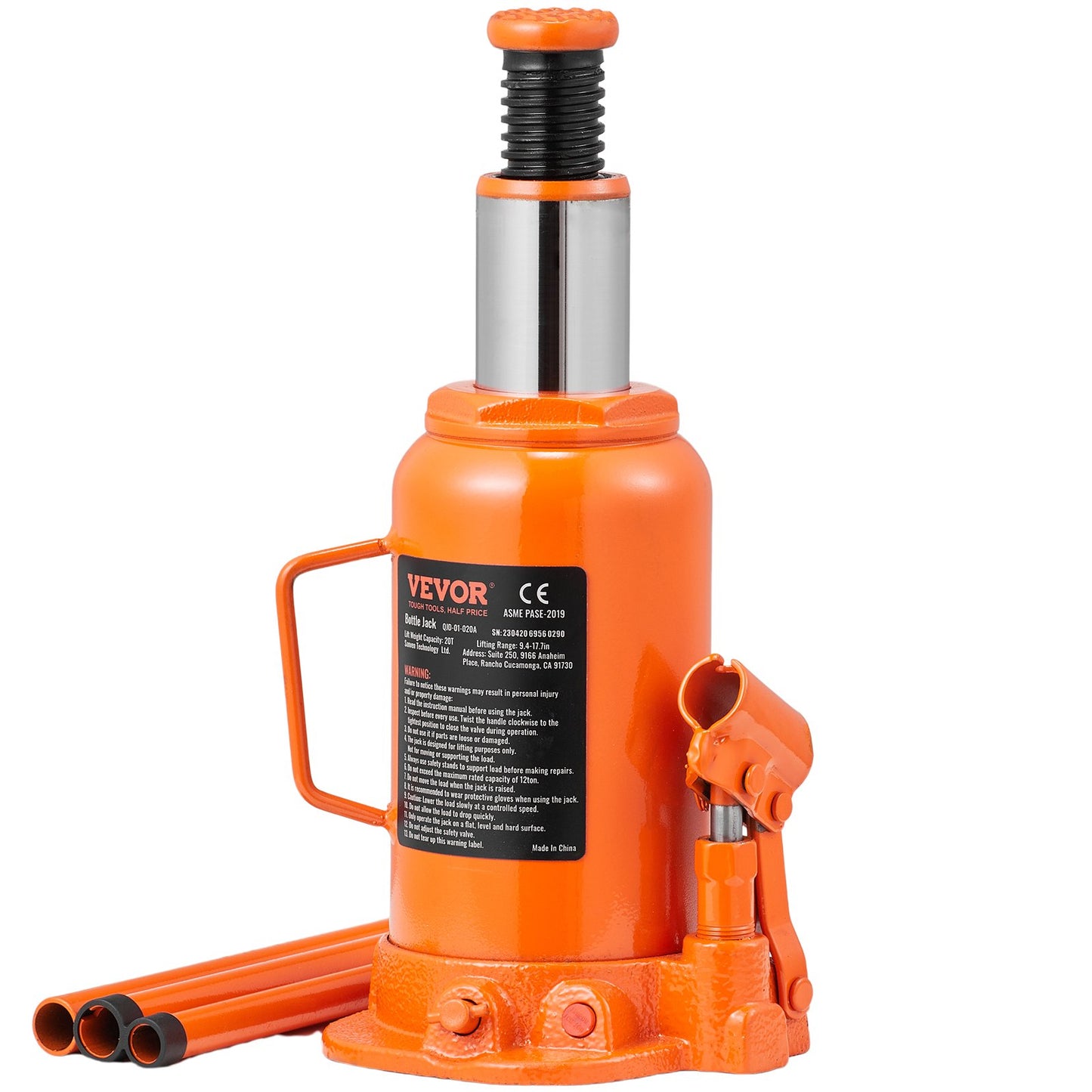 Hydraulic Bottle Jack, 20 Ton/44092 LBS All Welded Bottle Jack, 240-450 mm Lifting Range, with 3-section Long Handle, for Car, Pickup Truck, Truck, RV, Auto Repair, Industrial Engineering