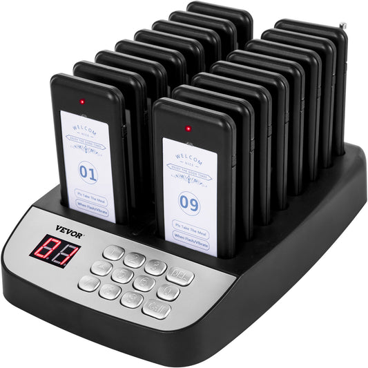 Restaurant Pager 16 Coasters Paging System Max 98 Nursery Pager Wireless Paging Queuing Calling System with Vibration, Flashing and Buzzer for Social Distance Food Truck, Hotels and Cafés