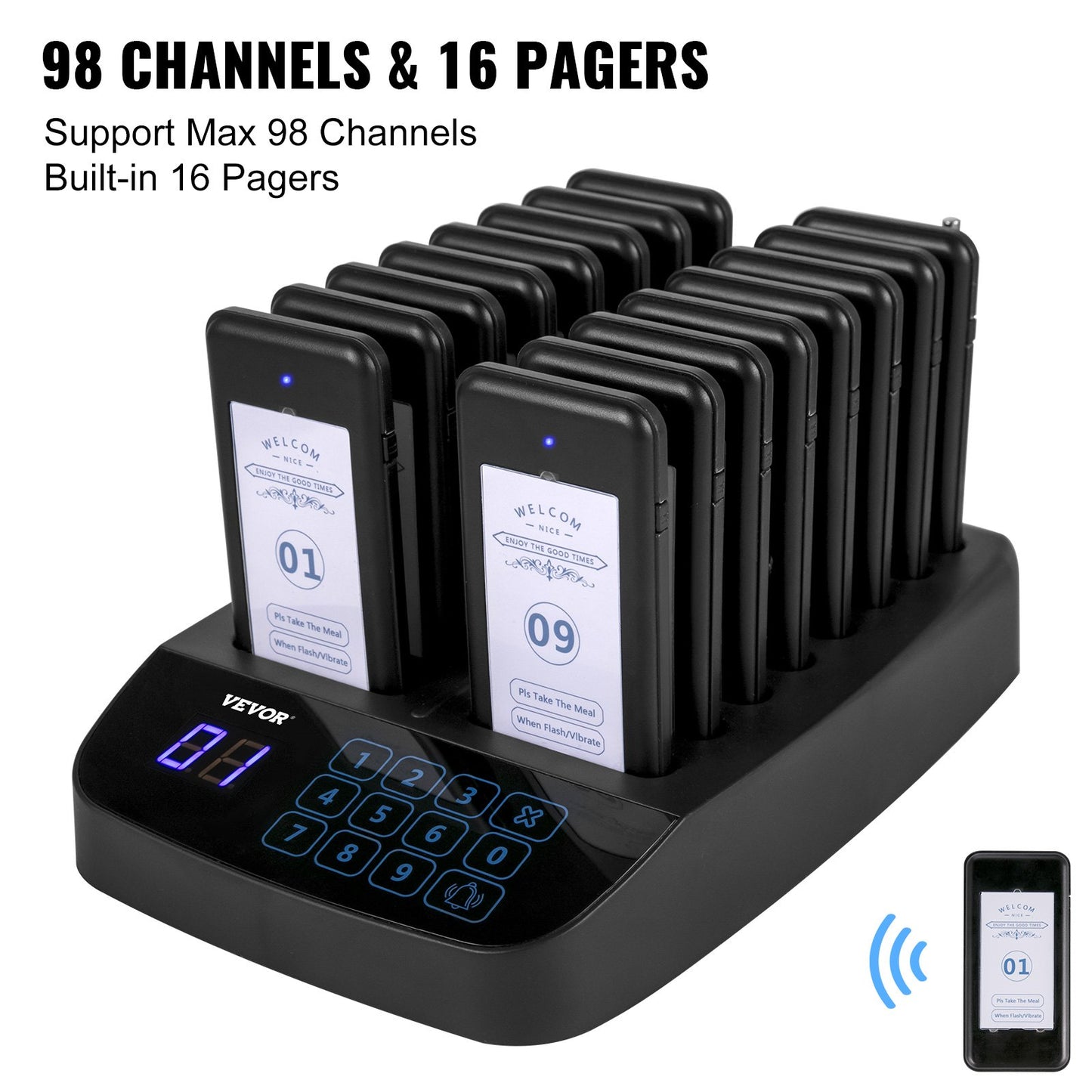 Restaurant Pager 16 Coasters Paging System Max 98 Nursery Pager Wireless Paging Queuing Calling System Touch Screen with Vibration, Flashing and Buzzer for Social Distance Hotels and Cafés