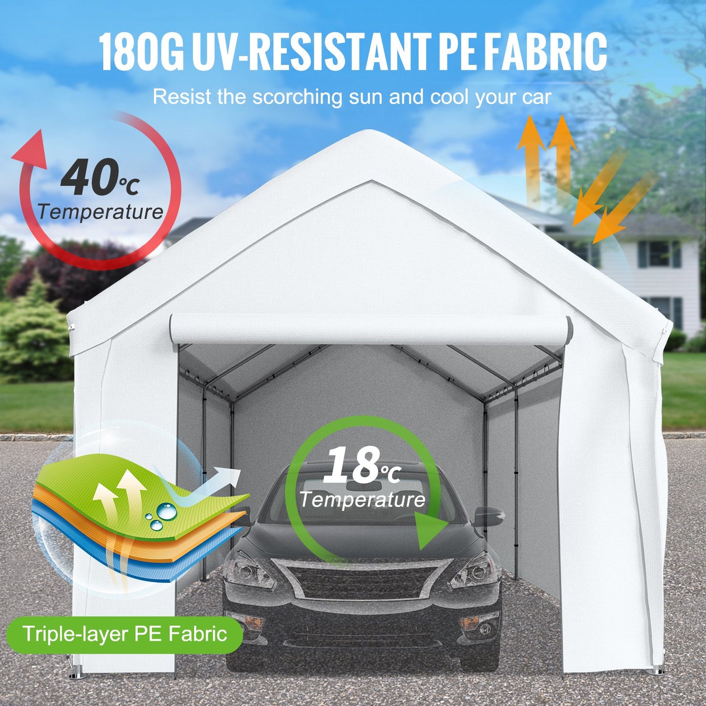 13 x 20 ft Carport Car Canopy, Heavy Duty Garage Shelter with 8 Legs and Removable Sidewalls, Car Garage Tent for Party, Birthday, Boat, Adjustable Peak Height from 9.6 ft to 11.3 ft, White