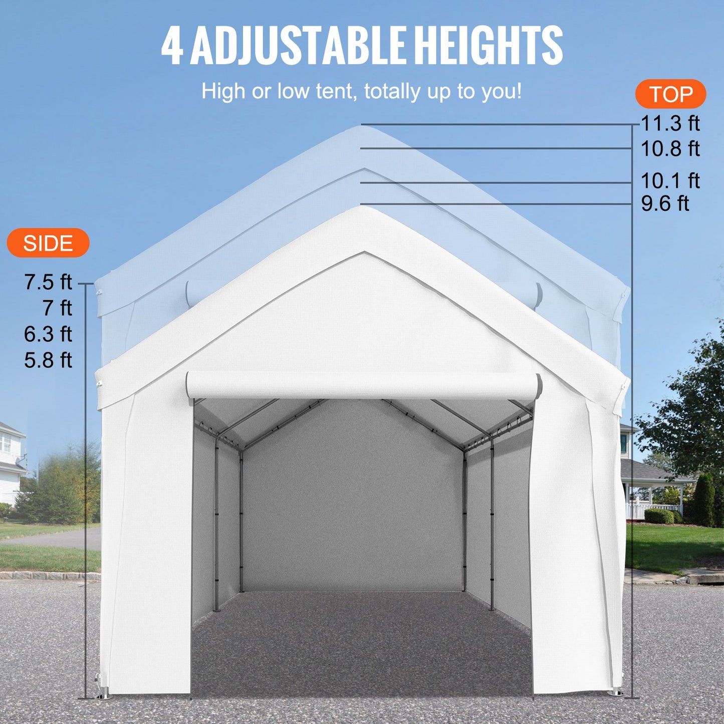 13 x 20 ft Carport Car Canopy, Heavy Duty Garage Shelter with 8 Legs and Removable Sidewalls, Car Garage Tent for Party, Birthday, Boat, Adjustable Peak Height from 9.6 ft to 11.3 ft, White