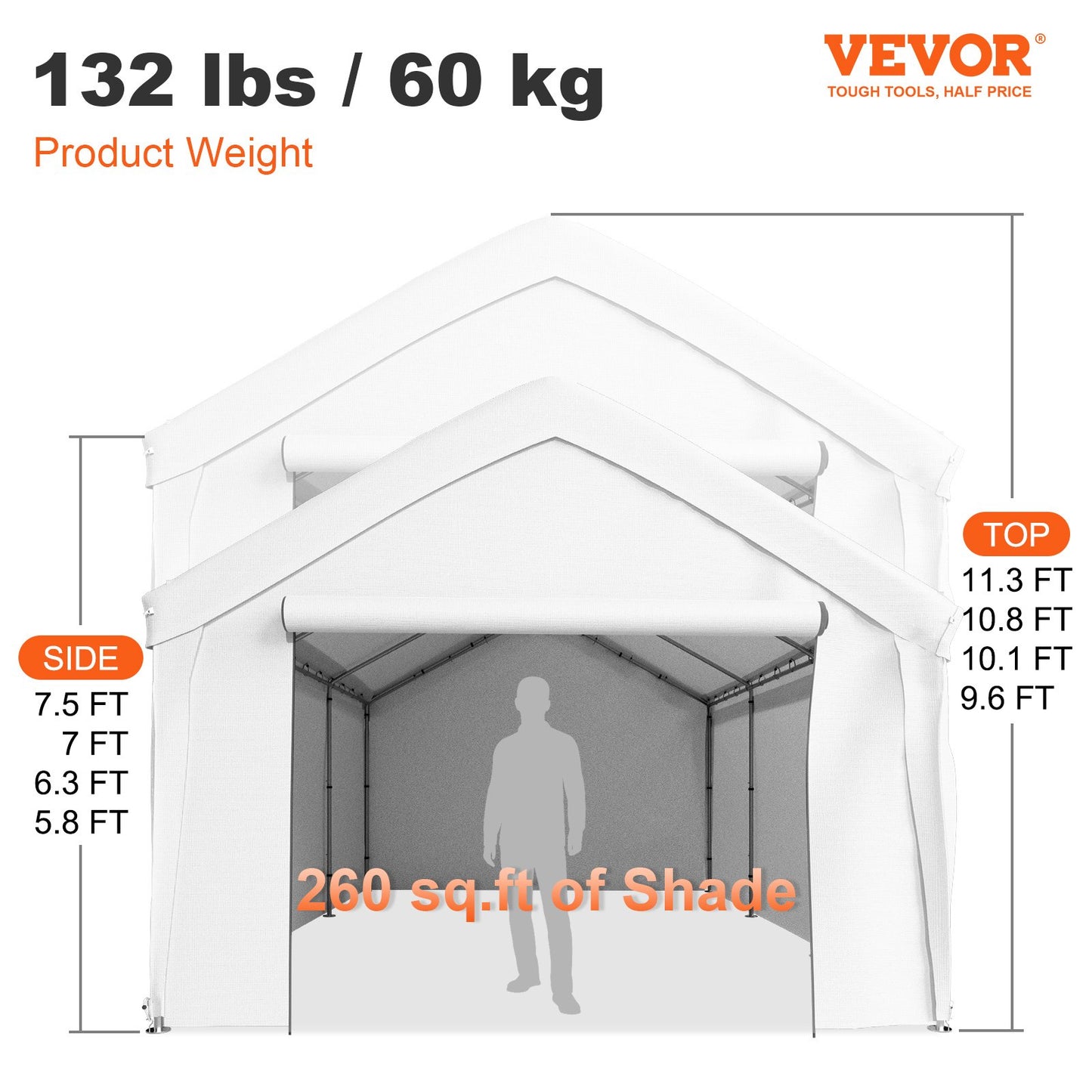 13 x 20 ft Carport Car Canopy, Heavy Duty Garage Shelter with 8 Legs and Removable Sidewalls, Car Garage Tent for Party, Birthday, Boat, Adjustable Peak Height from 9.6 ft to 11.3 ft, White