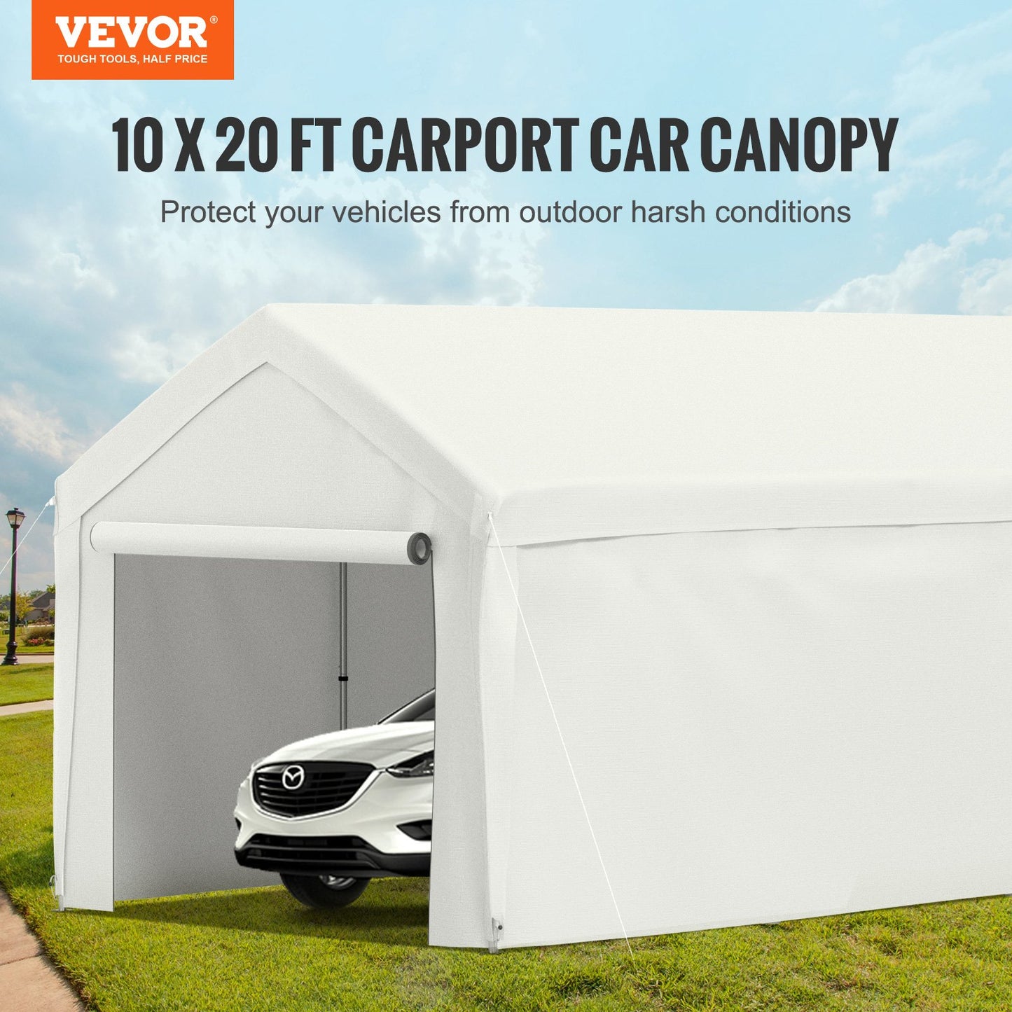 10 x 20 ft Carport Car Canopy, Heavy Duty Garage Shelter with 8 Legs and Removable Sidewalls, Car Garage Tent for Party, Birthday, Boat, Adjustable Peak Height from 8.3 ft to 10 ft, White