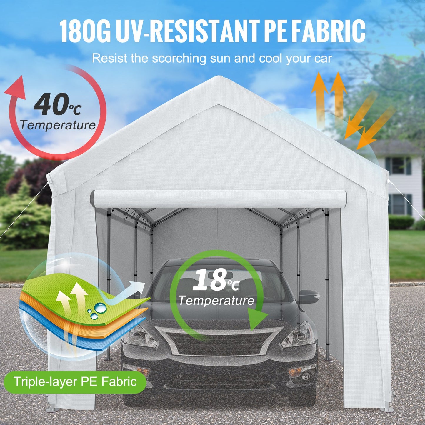 10 x 20 ft Carport Car Canopy, Heavy Duty Garage Shelter with 8 Legs and Removable Sidewalls, Car Garage Tent for Party, Birthday, Boat, Adjustable Peak Height from 8.3 ft to 10 ft, White