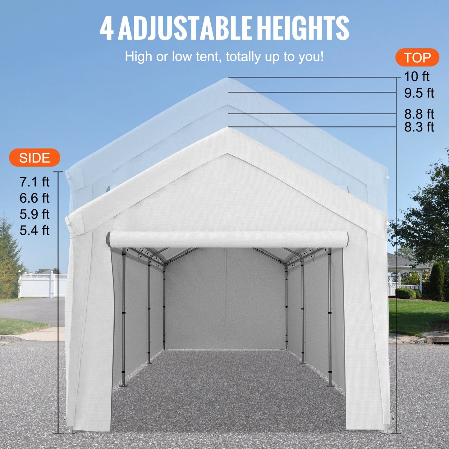 10 x 20 ft Carport Car Canopy, Heavy Duty Garage Shelter with 8 Legs and Removable Sidewalls, Car Garage Tent for Party, Birthday, Boat, Adjustable Peak Height from 8.3 ft to 10 ft, White