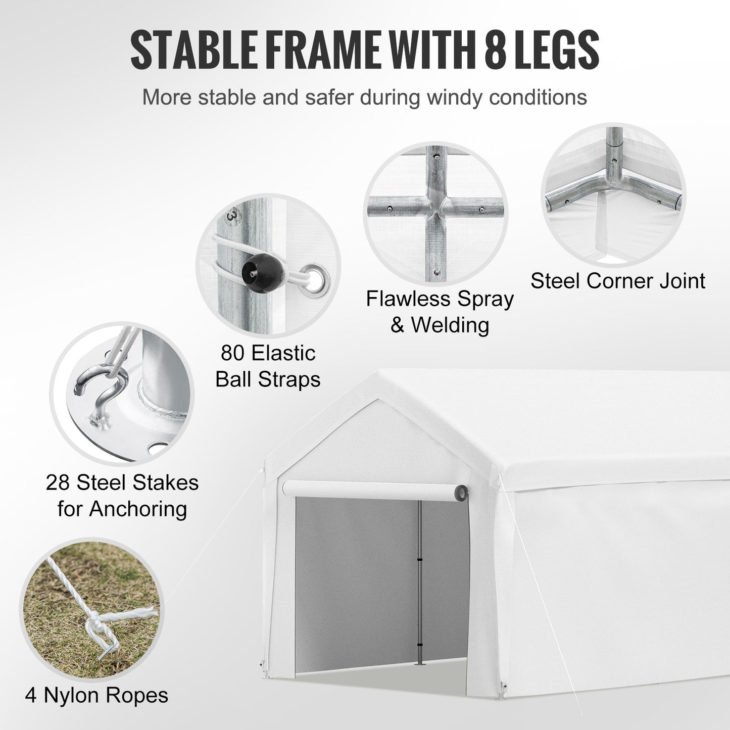 10 x 20 ft Carport Car Canopy, Heavy Duty Garage Shelter with 8 Legs and Removable Sidewalls, Car Garage Tent for Party, Birthday, Boat, Adjustable Peak Height from 8.3 ft to 10 ft, White