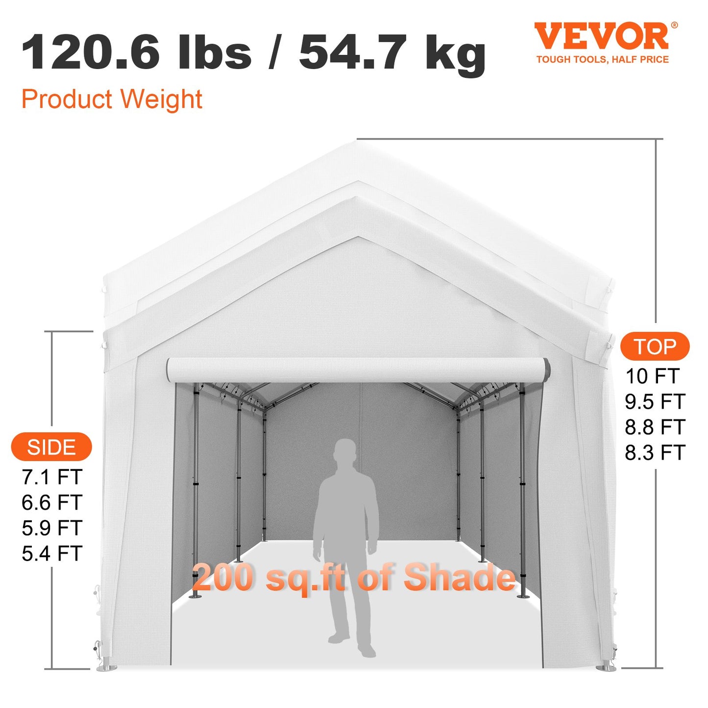 10 x 20 ft Carport Car Canopy, Heavy Duty Garage Shelter with 8 Legs and Removable Sidewalls, Car Garage Tent for Party, Birthday, Boat, Adjustable Peak Height from 8.3 ft to 10 ft, White