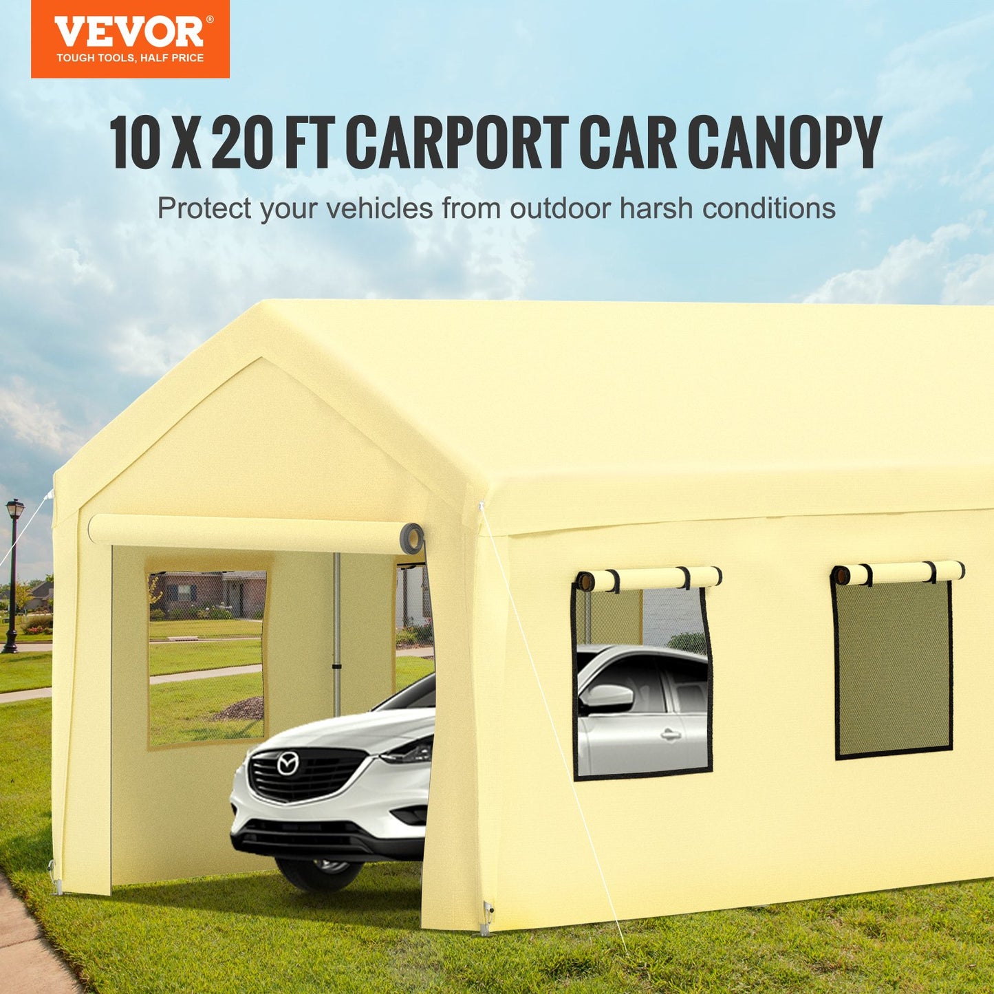10 x 20 ft Carport Car Canopy, Heavy Duty Garage Shelter with 8 Legs, Removable Sidewalls and Windows, Car Garage Tent for Party, Boat, Adjustable Peak Height from 8.3 ft to 10 ft, Yellow