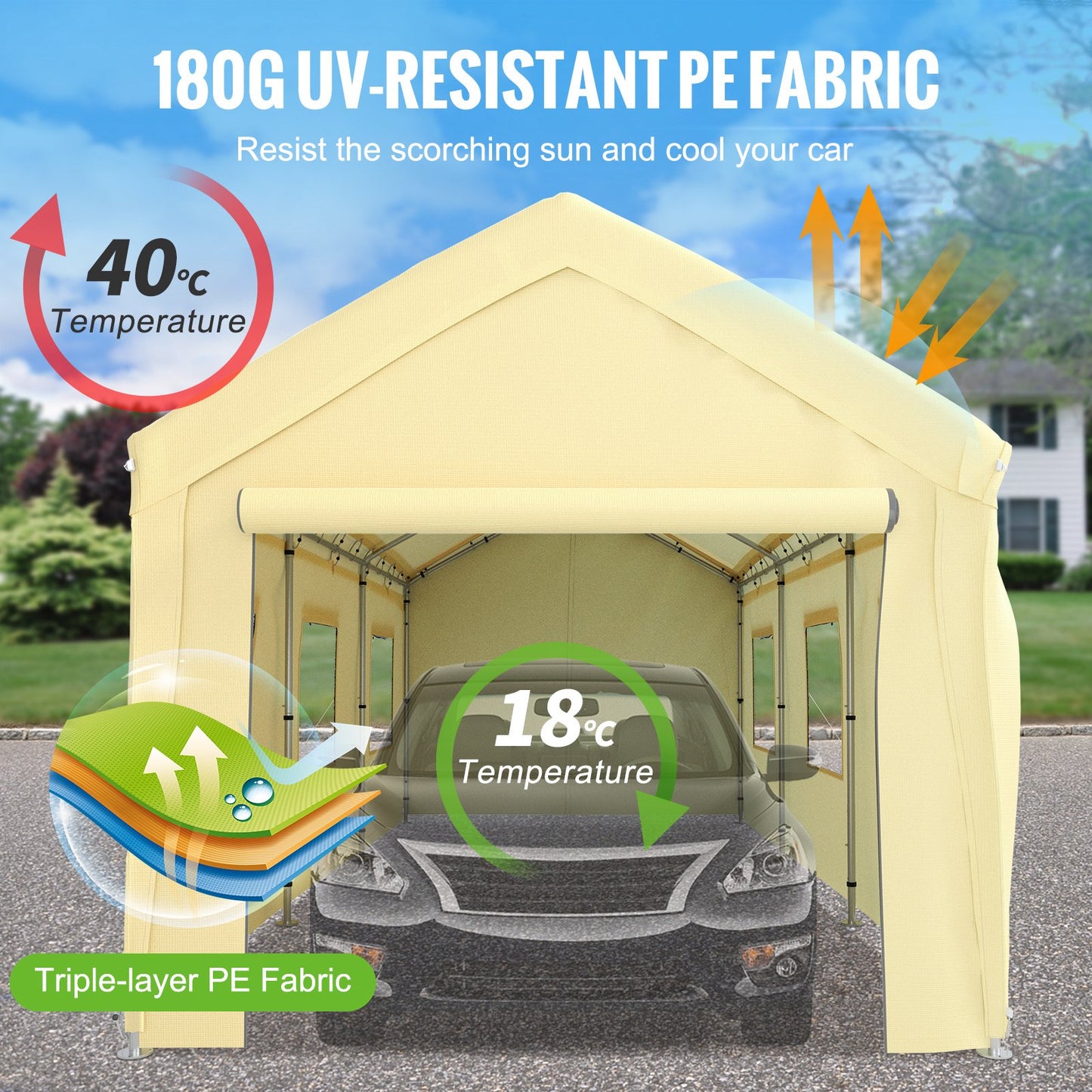 10 x 20 ft Carport Car Canopy, Heavy Duty Garage Shelter with 8 Legs, Removable Sidewalls and Windows, Car Garage Tent for Party, Boat, Adjustable Peak Height from 8.3 ft to 10 ft, Yellow