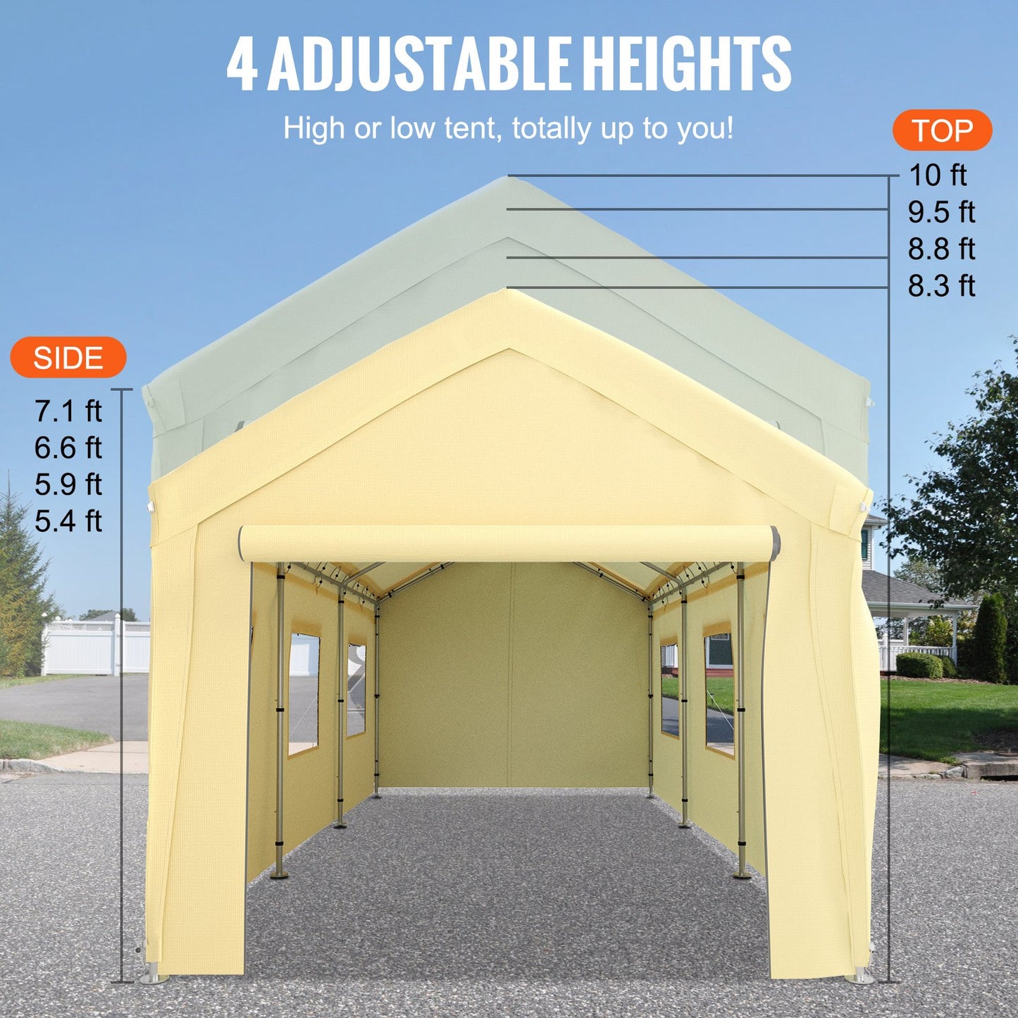 10 x 20 ft Carport Car Canopy, Heavy Duty Garage Shelter with 8 Legs, Removable Sidewalls and Windows, Car Garage Tent for Party, Boat, Adjustable Peak Height from 8.3 ft to 10 ft, Yellow