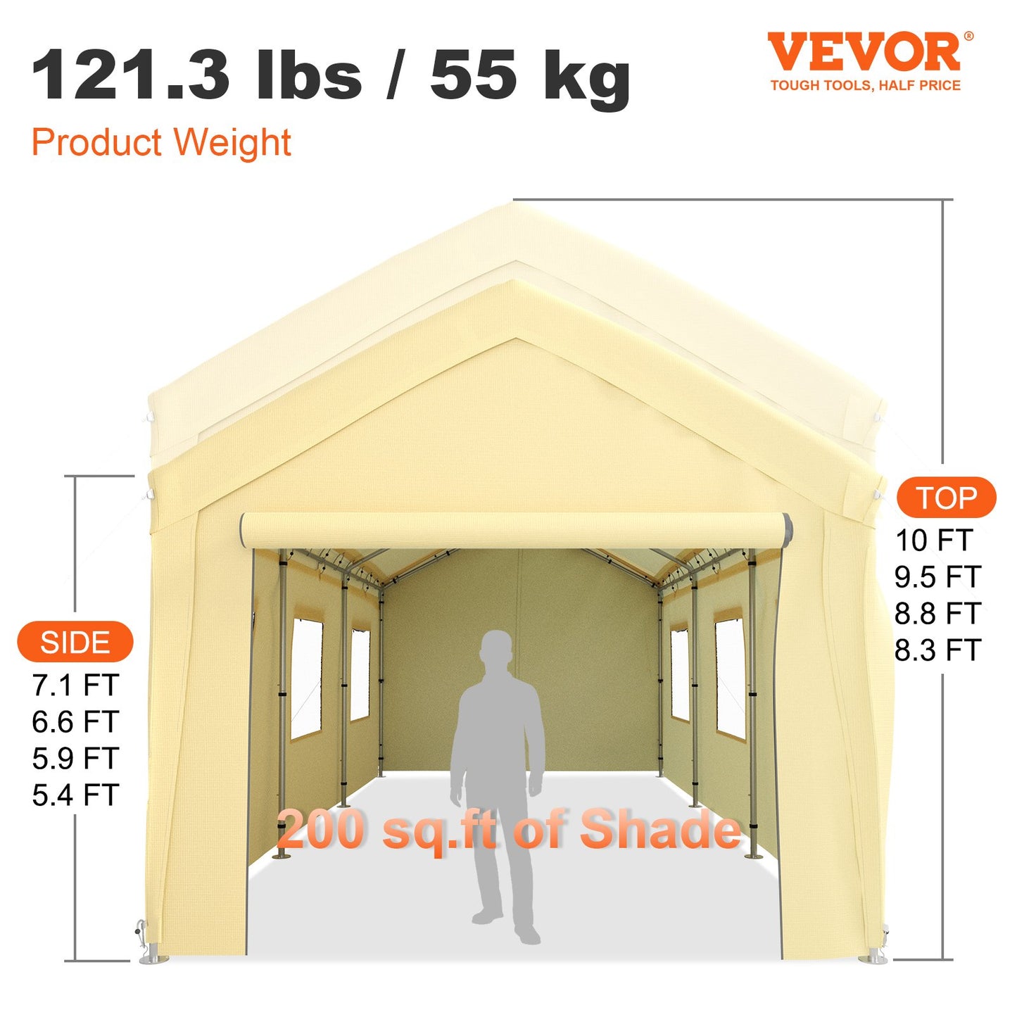 10 x 20 ft Carport Car Canopy, Heavy Duty Garage Shelter with 8 Legs, Removable Sidewalls and Windows, Car Garage Tent for Party, Boat, Adjustable Peak Height from 8.3 ft to 10 ft, Yellow